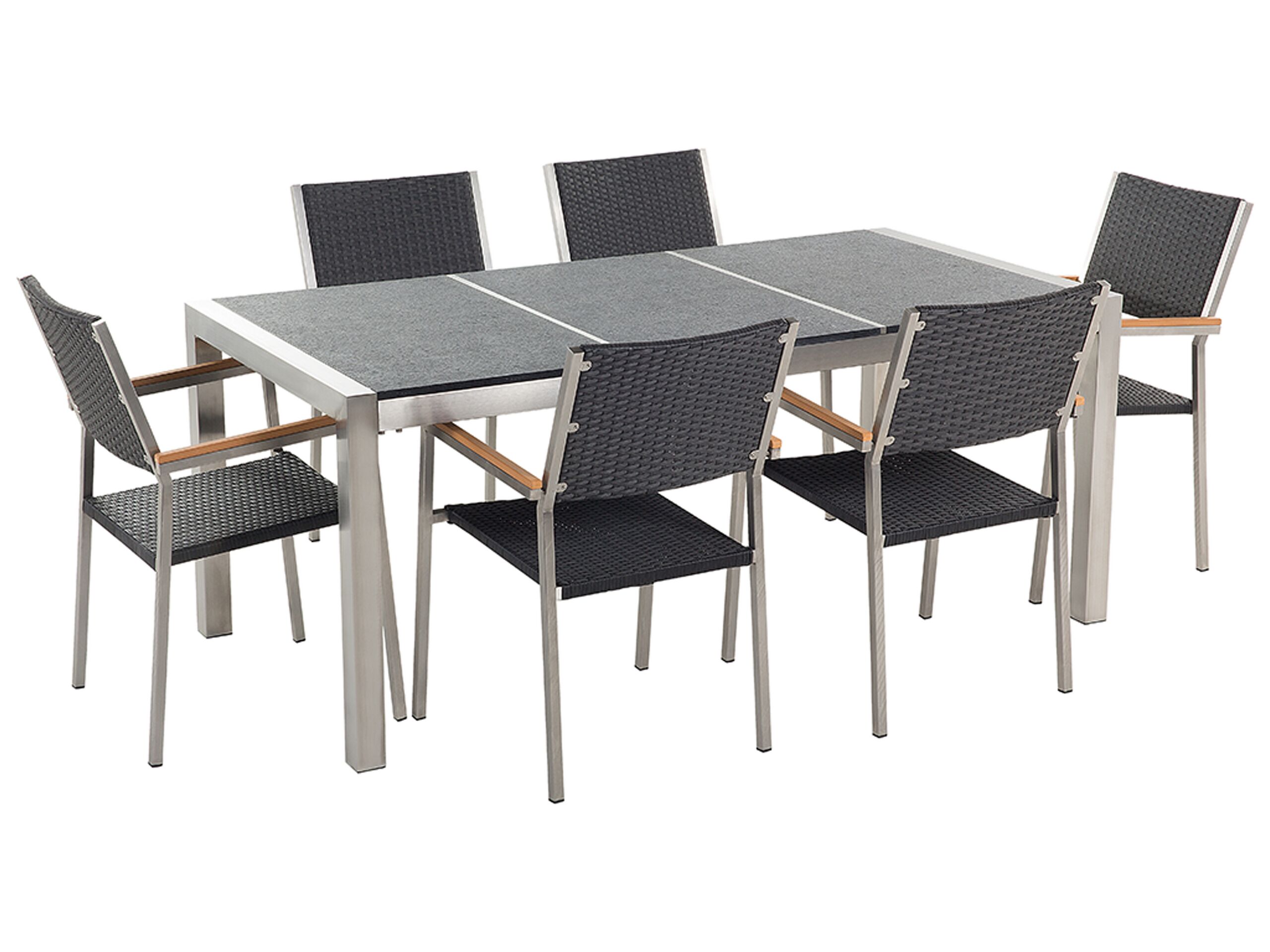 6 Seater Dining Set Black Basalt Top Rattan Chairs GROSSETO - Gemini Interiors