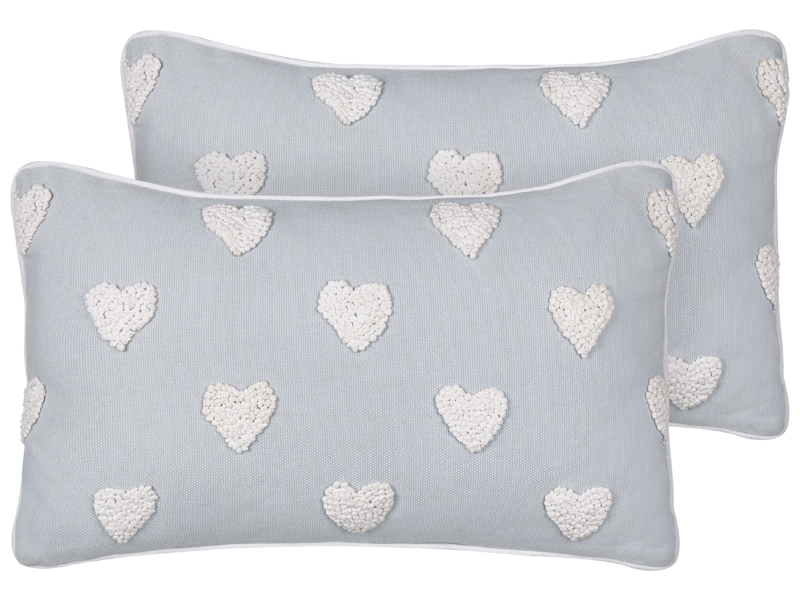 Set of 2 Cotton Cushions Embroidered Hearts 30x50cm Grey - Gemini Interiors