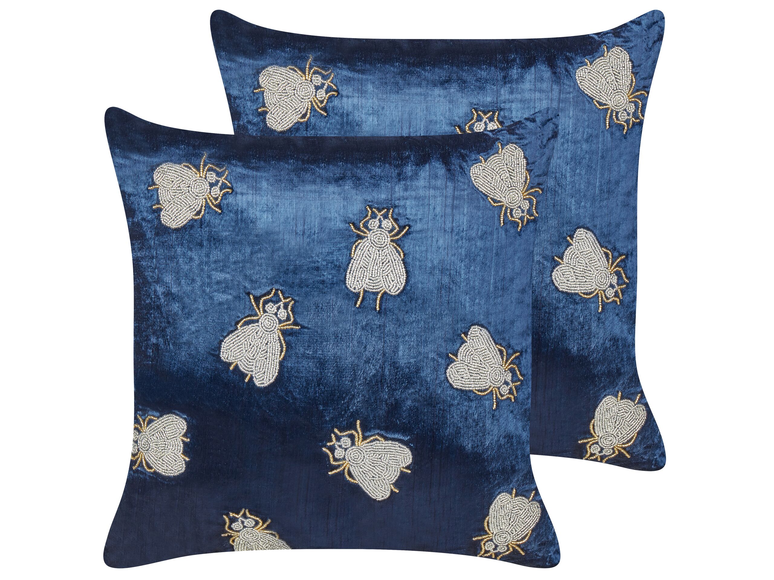 Set of 2 Embroidered Velvet Cushions Flies Motif 45x45cm Navy Blue - Gemini Interiors