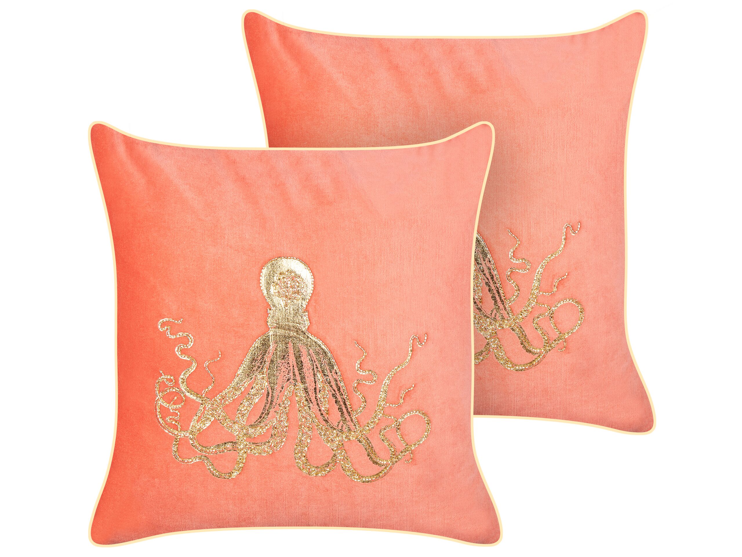 Set of 2 Velvet Cushions Octopus Motif 45x45cm Red - Gemini Interiors