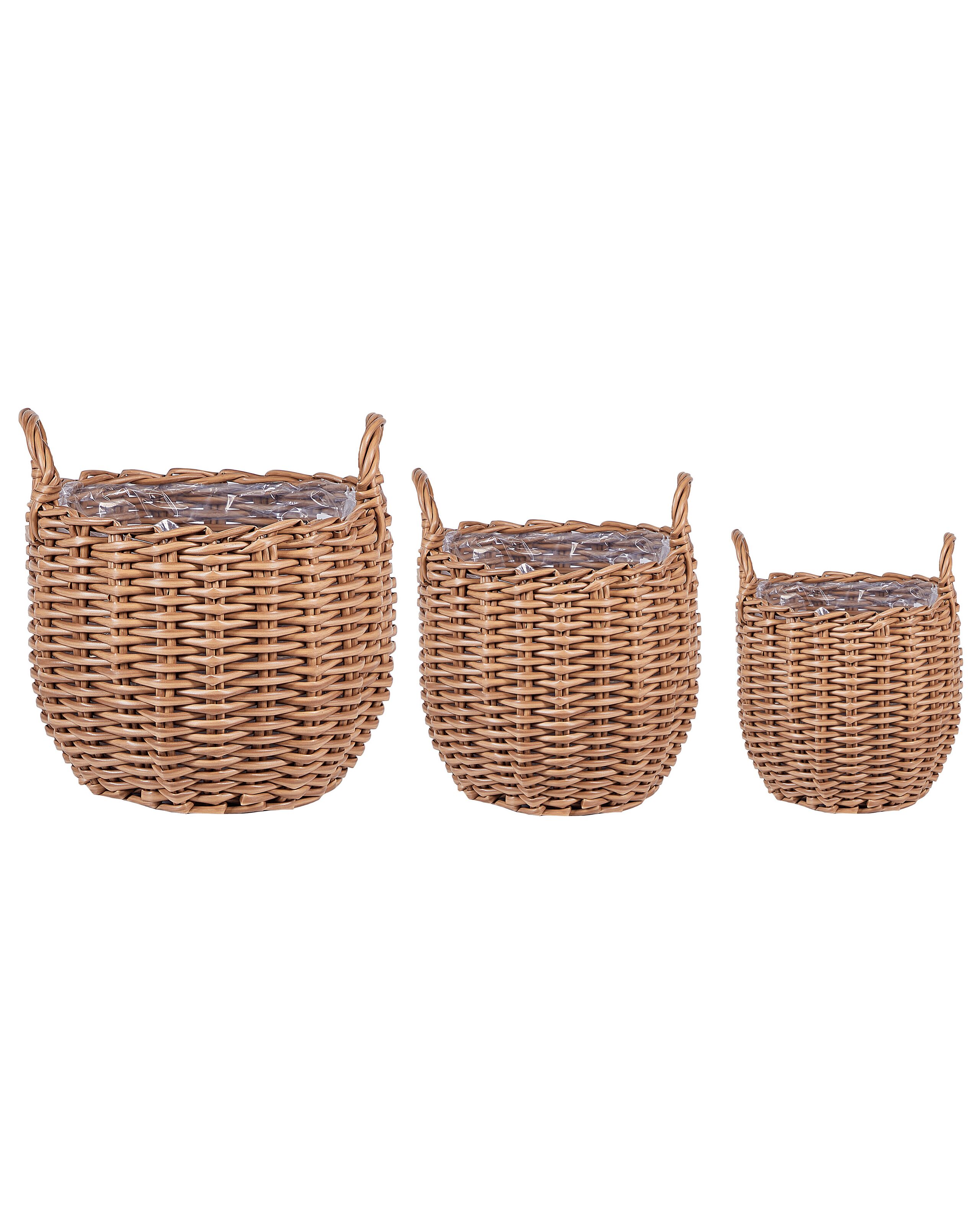 Set of 3 PE Rattan Plant Baskets Brown AUCUBA - Gemini Interiors