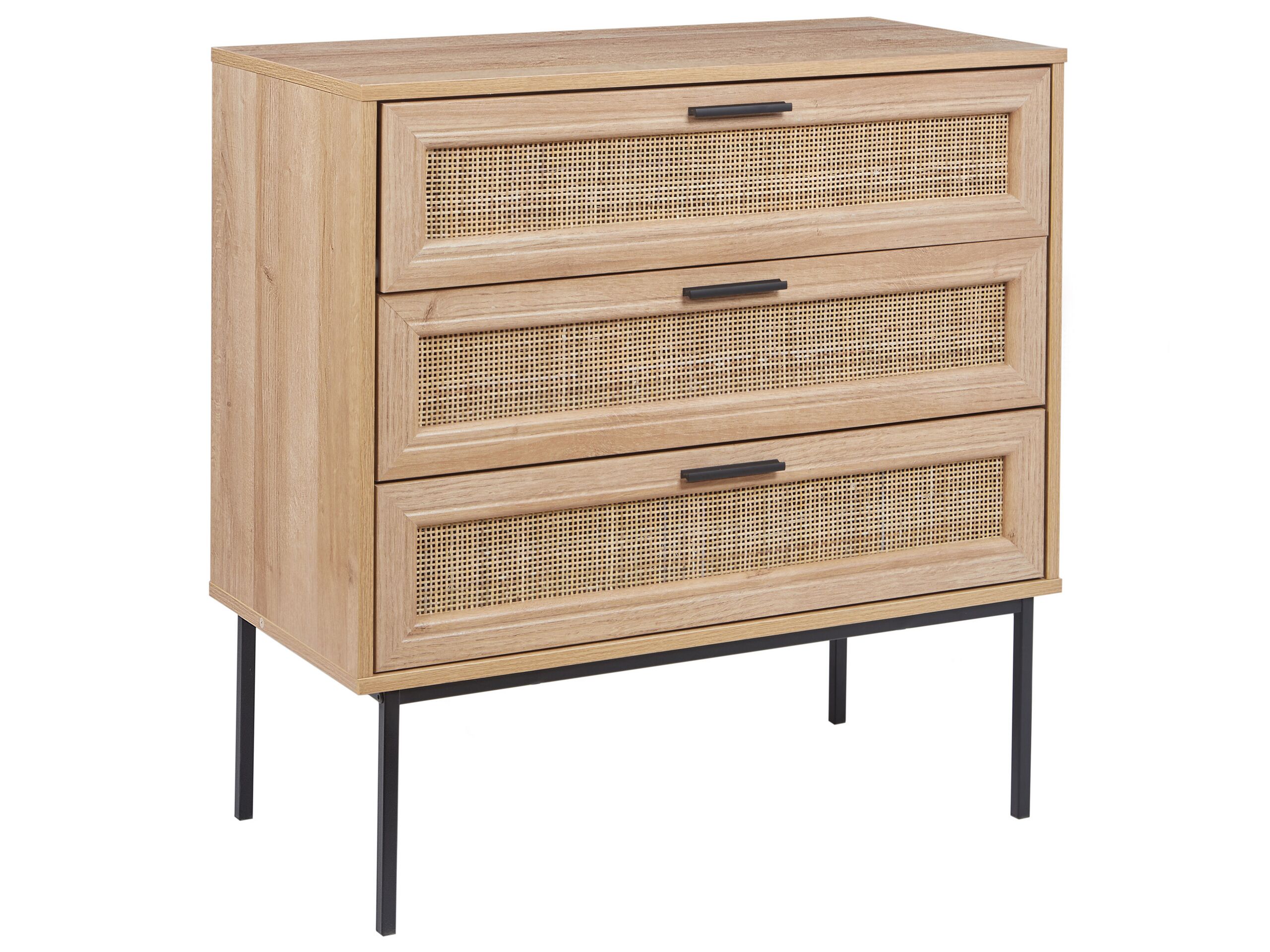 PEACEHAVEN Oak Finish Rattan Chest of Drawers - Medium-sized, 3 Drawers - Gemini Interiors