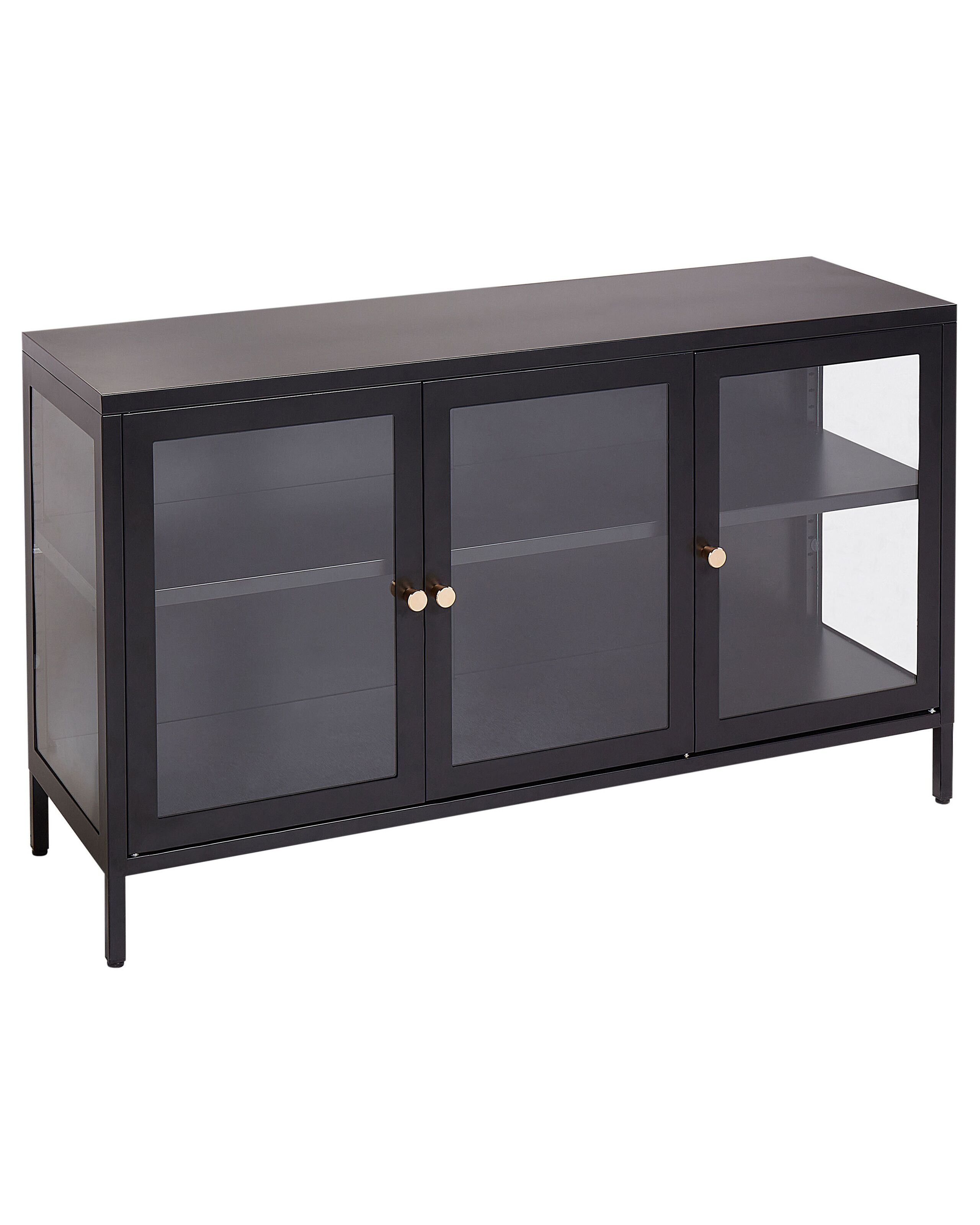 3 Door Metal Sideboard with Glass Display Black NEWPORT - Gemini Interiors