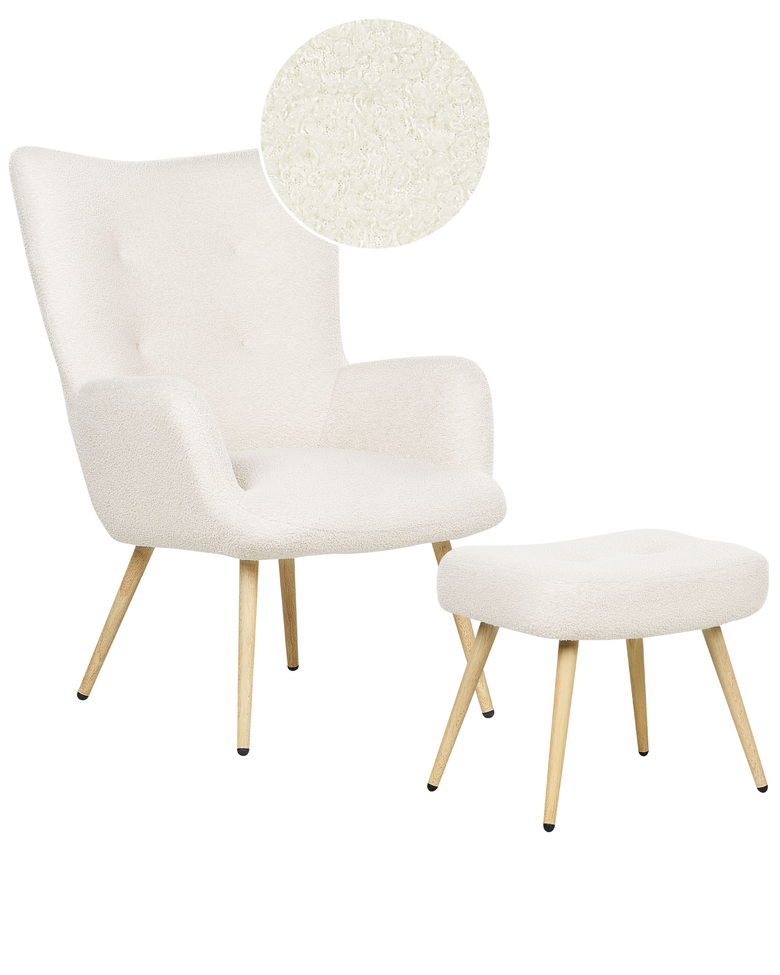 Boucle Wingback Chair with Footstool Off White VEJLE II - Gemini Interiors