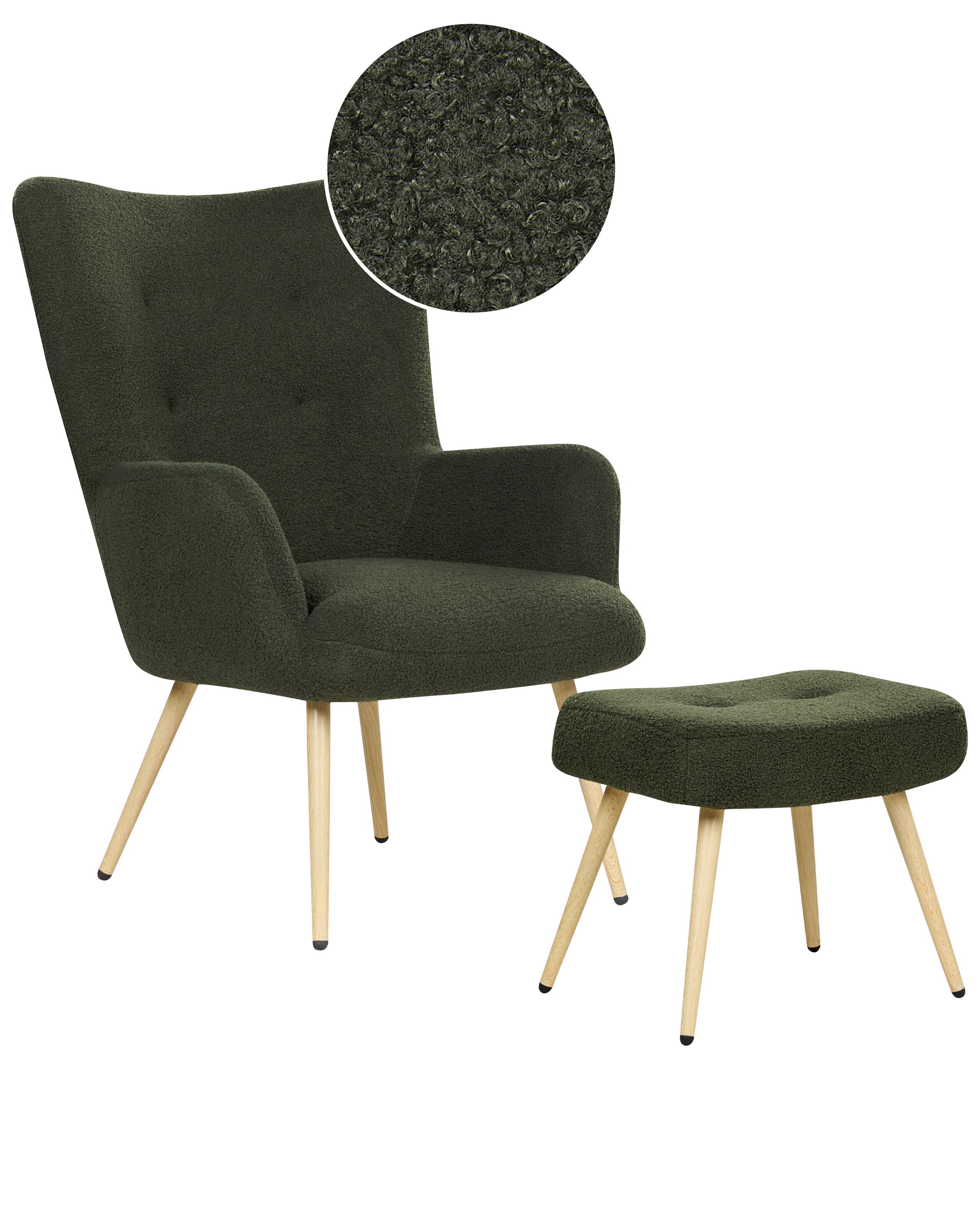 Boucle Wingback Chair with Footstool Dark Green VEJLE II - Gemini Interiors