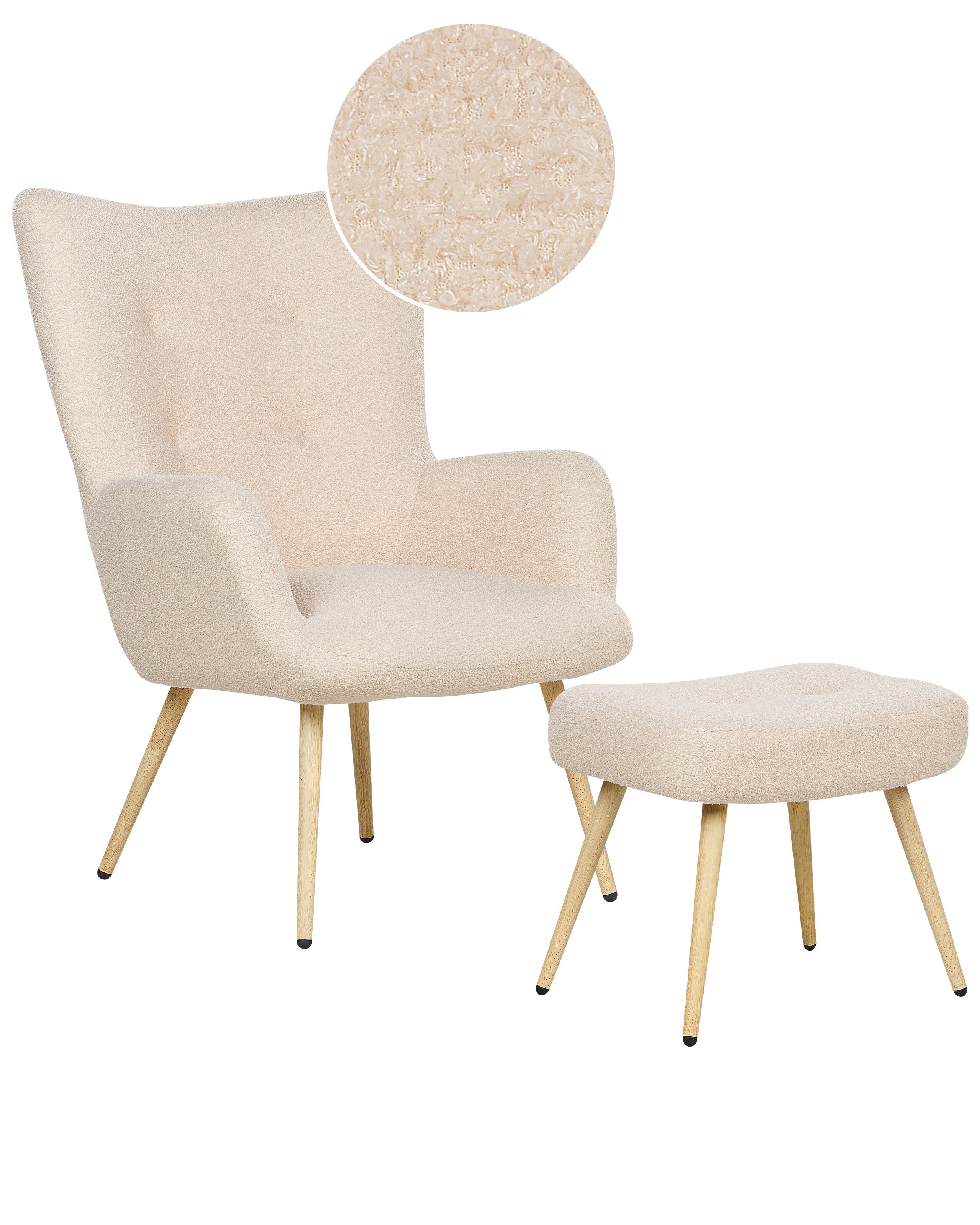Boucle Wingback Chair with Footstool Beige VEJLE II - Gemini Interiors
