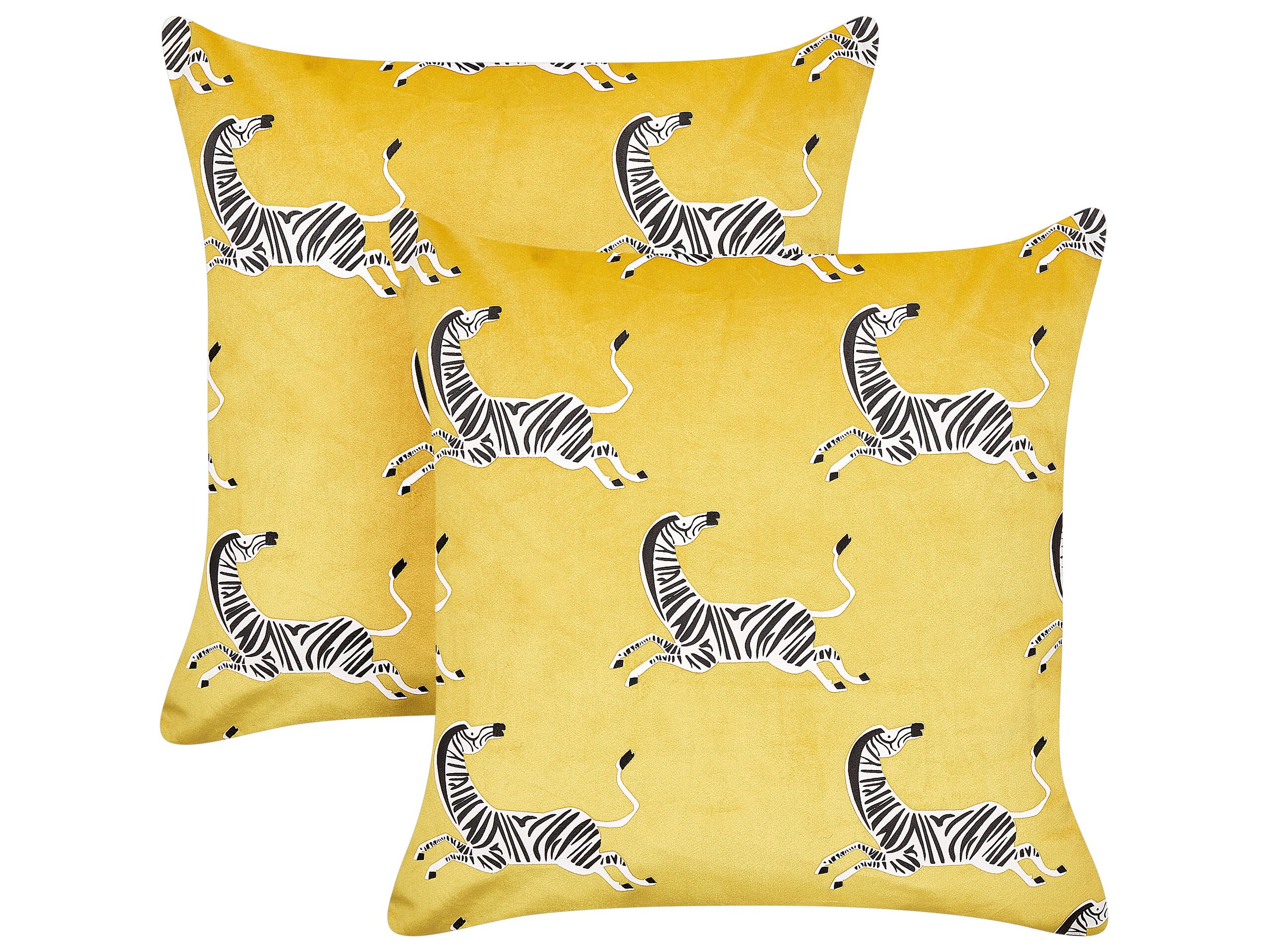 Set of 2 Velvet Cushions Zebra Pattern 45x45cm Yellow - Gemini Interiors