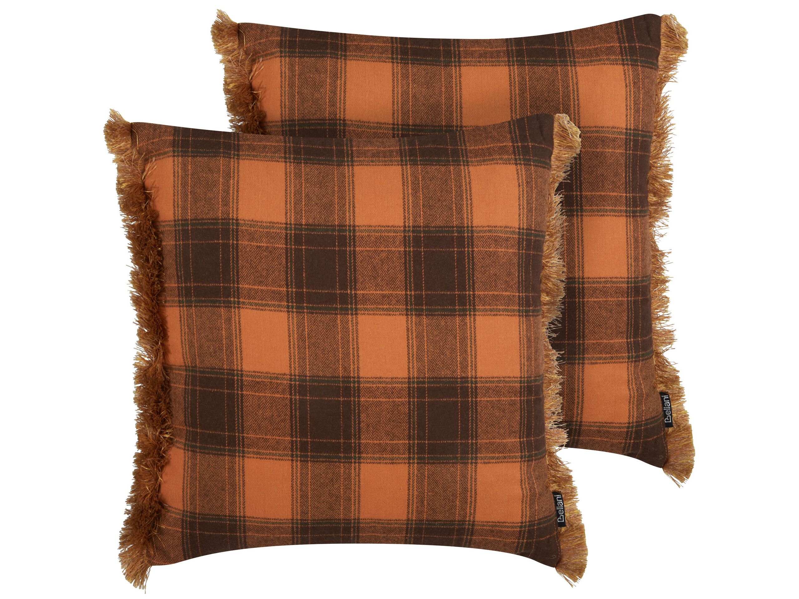 Set of 2 Fringed Cushions Chequered Pattern 45x45cm Orange - Gemini Interiors