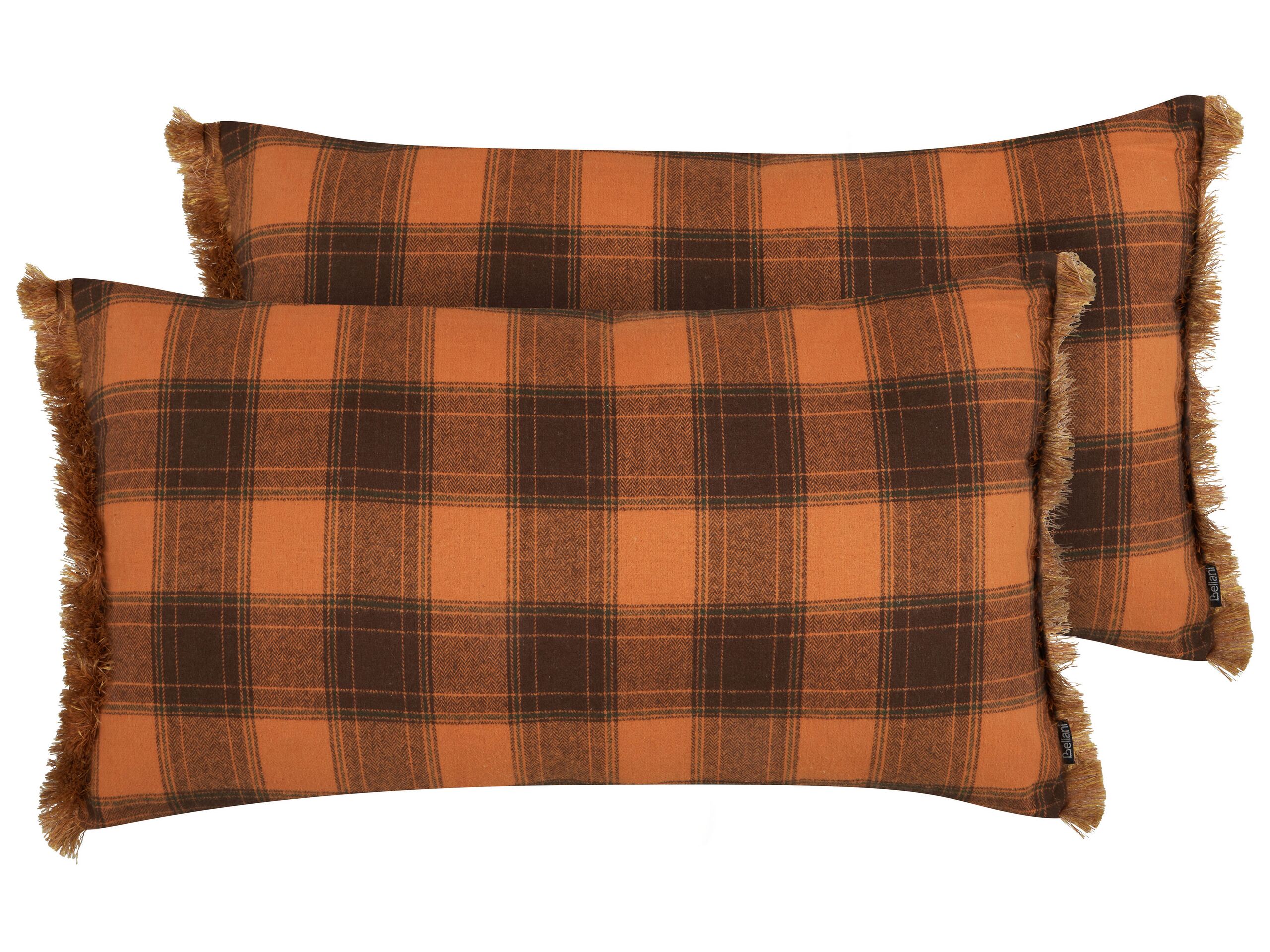 Set of 2 Fringed Cushions Chequered Pattern 40x70cm Orange - Gemini Interiors