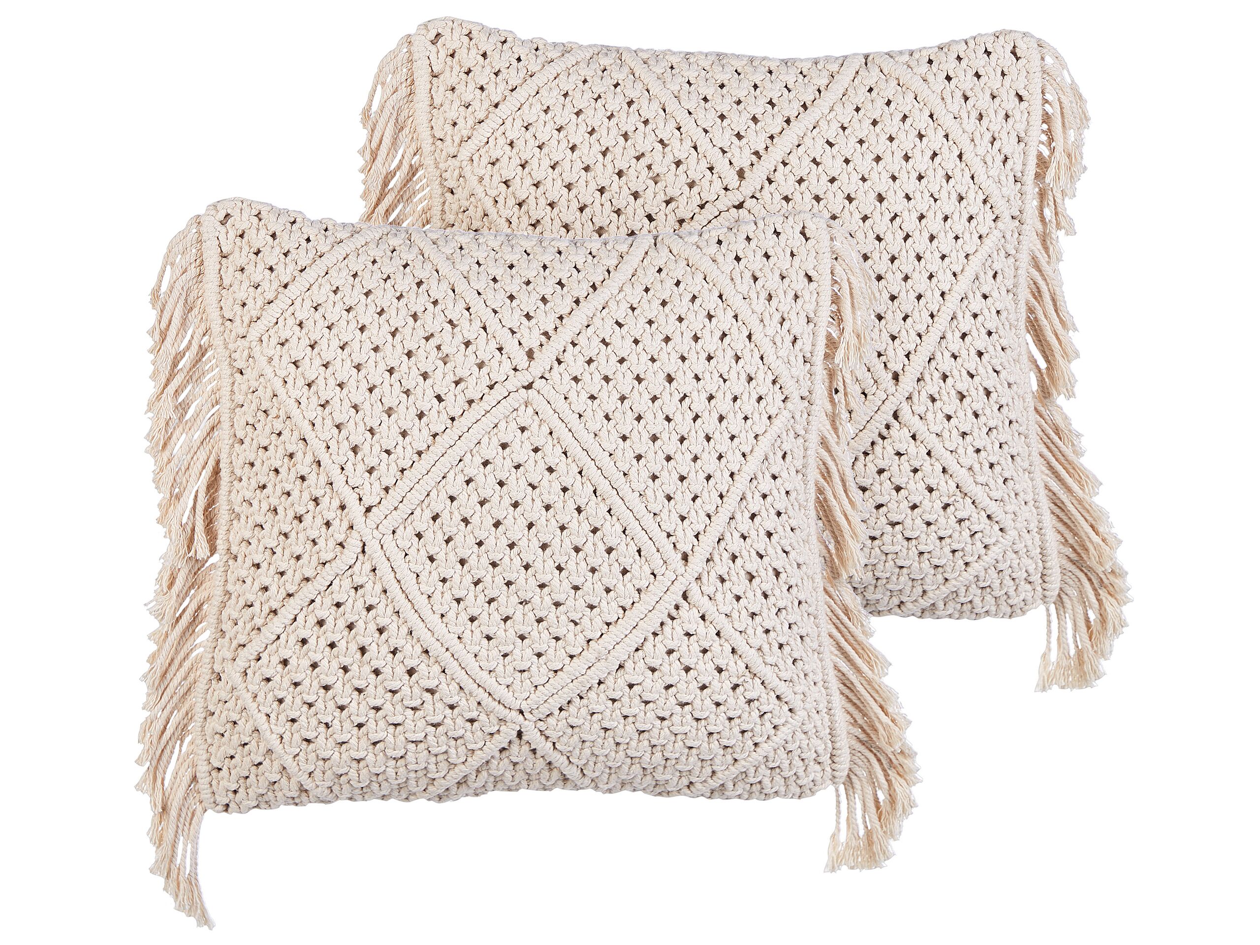 Set of 2 Cotton Macrame Cushions with Tassels 45x45cm Beige - Gemini Interiors