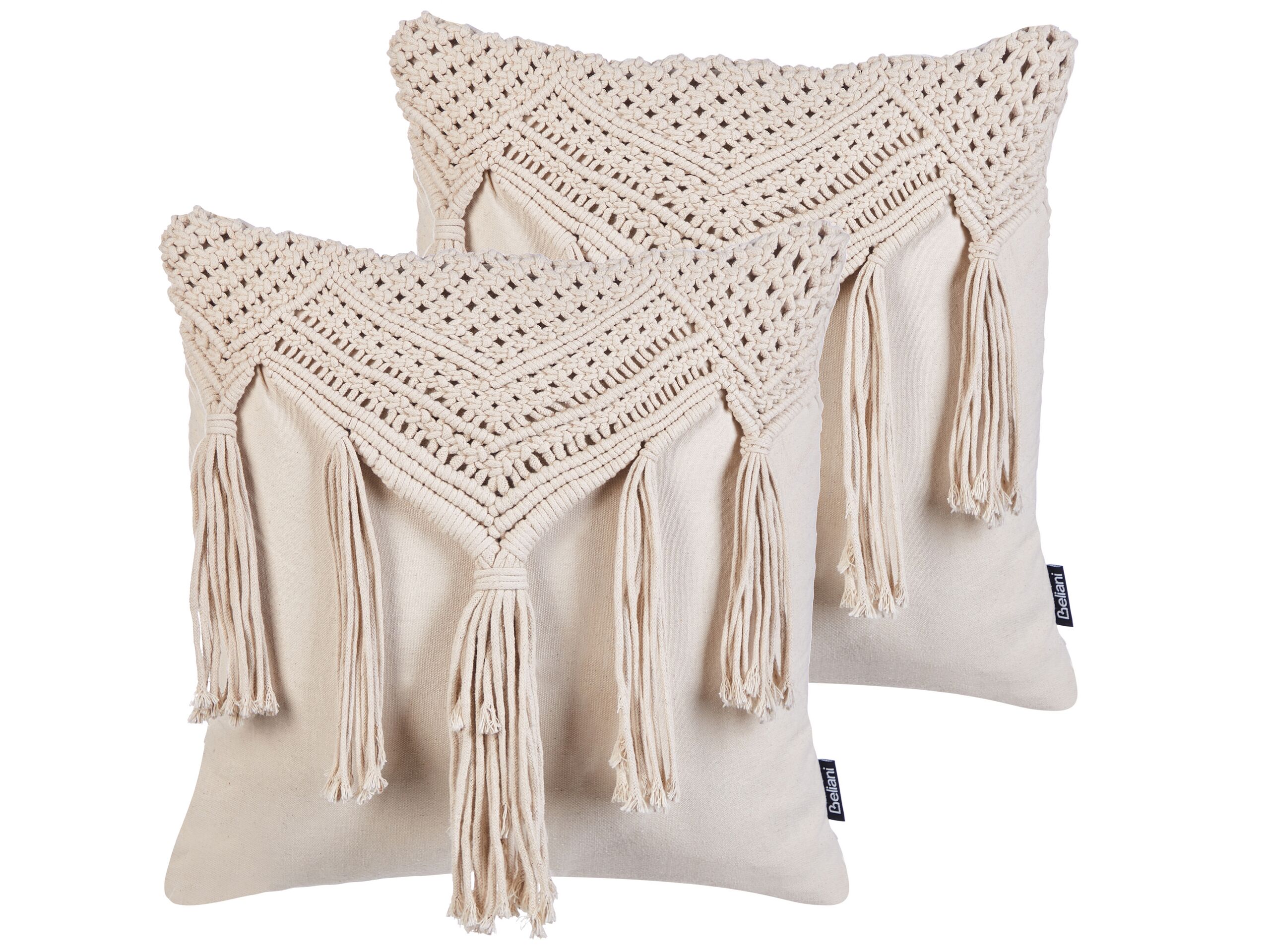 Set of 2 Cotton Macrame Cushions with Tassels 45x45cm Beige - Gemini Interiors