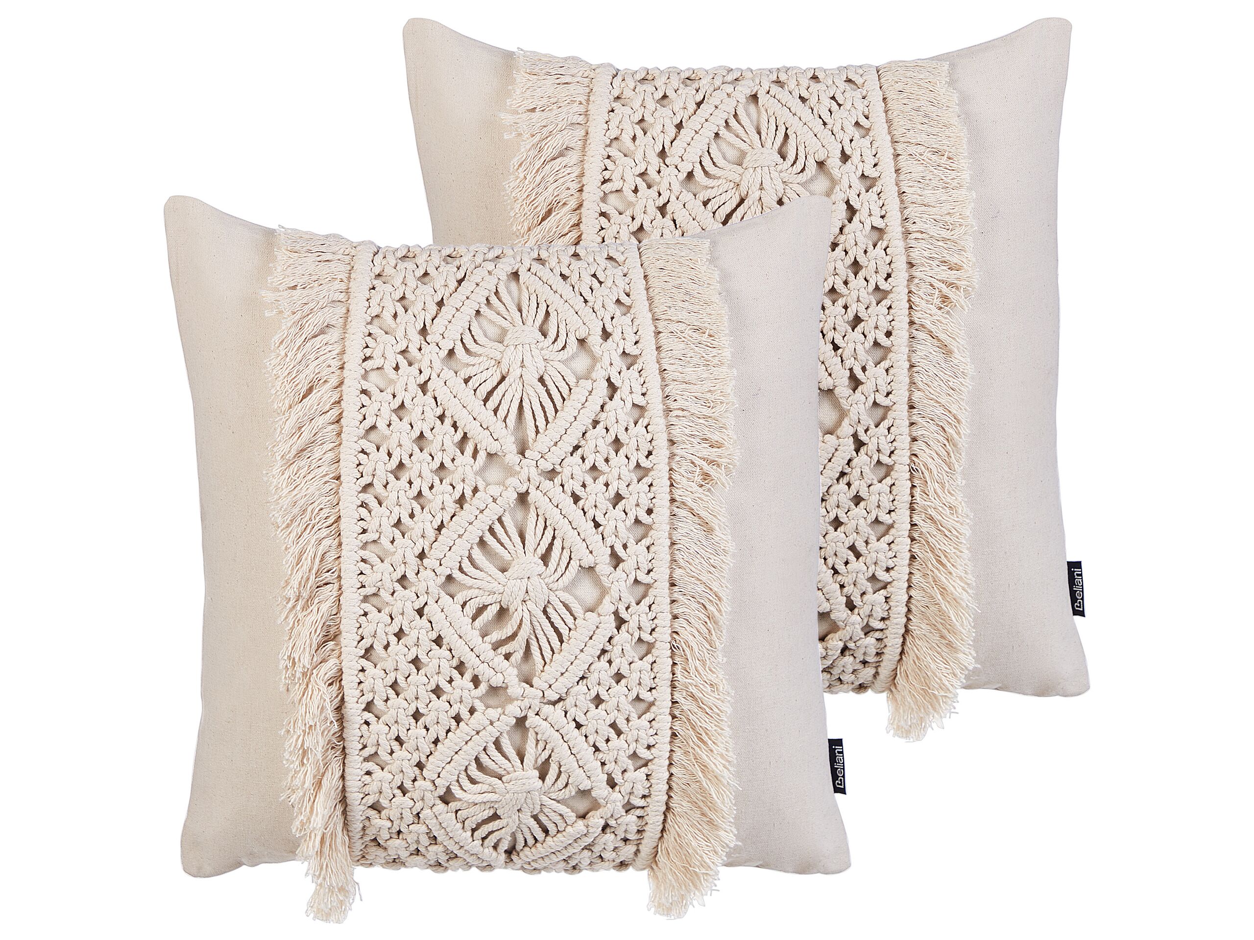 Set of 2 Cotton Macrame Cushions with Tassels 45x45cm Beige - Gemini Interiors