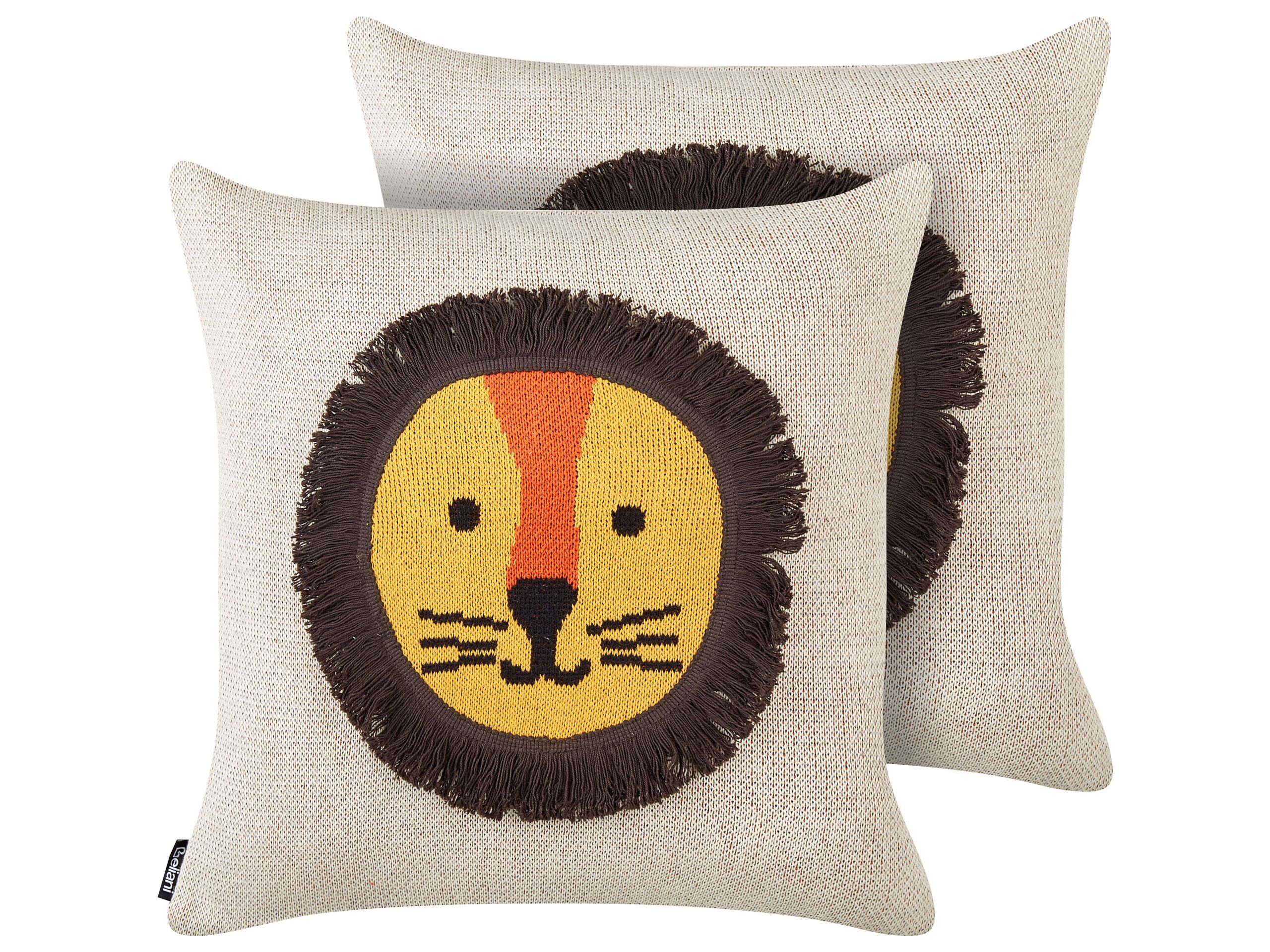 Set of 2 Cotton Kids Cushions Lion Motif 45x45cm Beige - Gemini Interiors