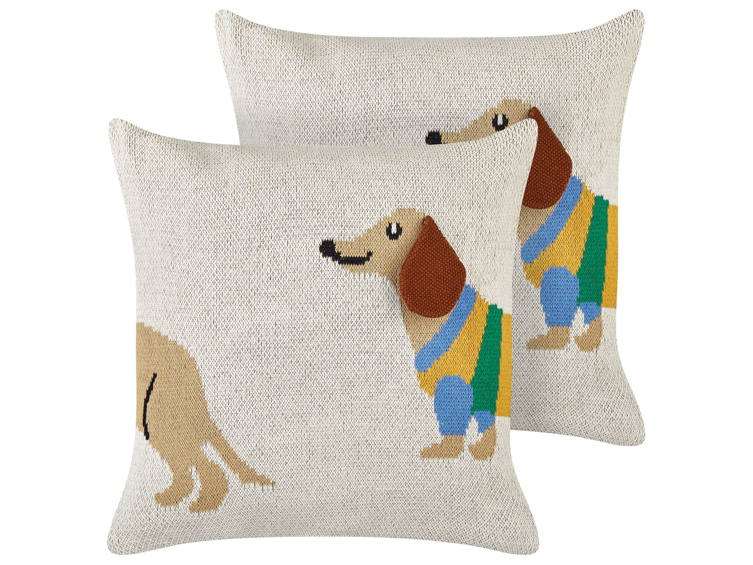 Set of 2 Cotton Kids Cushions Dachshund Motif 45x45cm Beige - Gemini Interiors