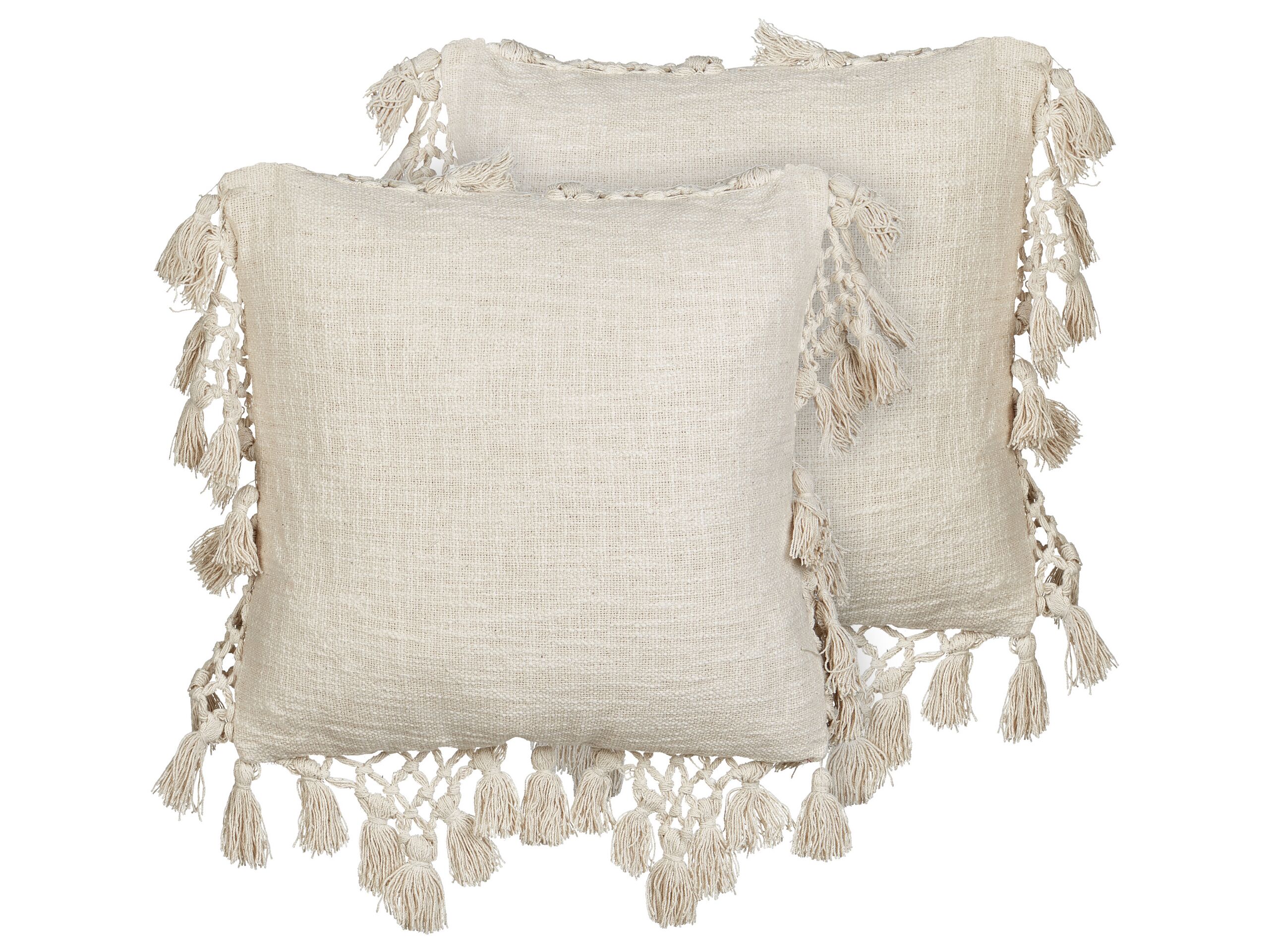 Set of 2 Cotton Cushions with Tassels 45x45cm Beige - Gemini Interiors