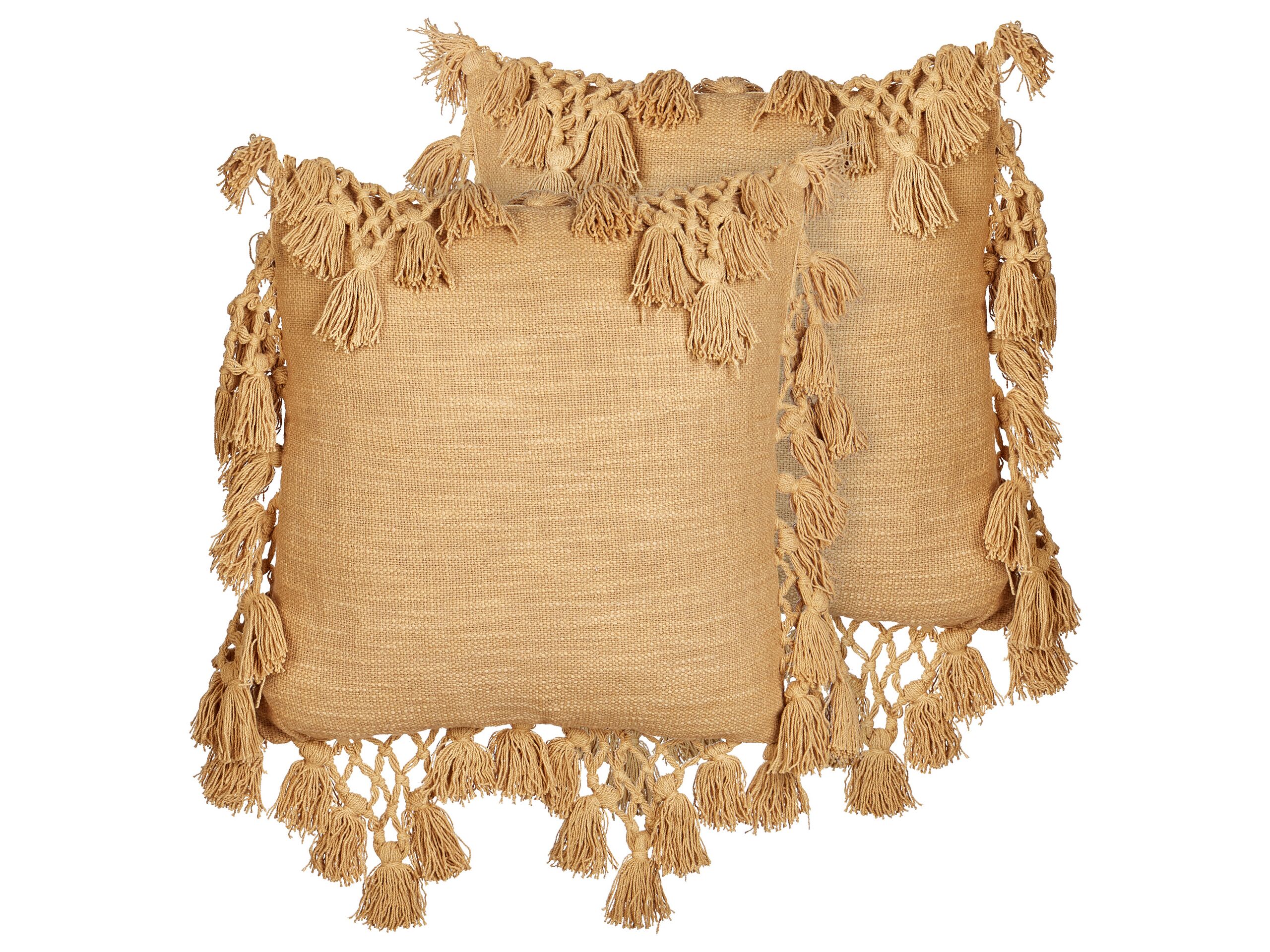Set of 2 Cotton Cushions with Tassels 45x45cm Sand Beige - Gemini Interiors