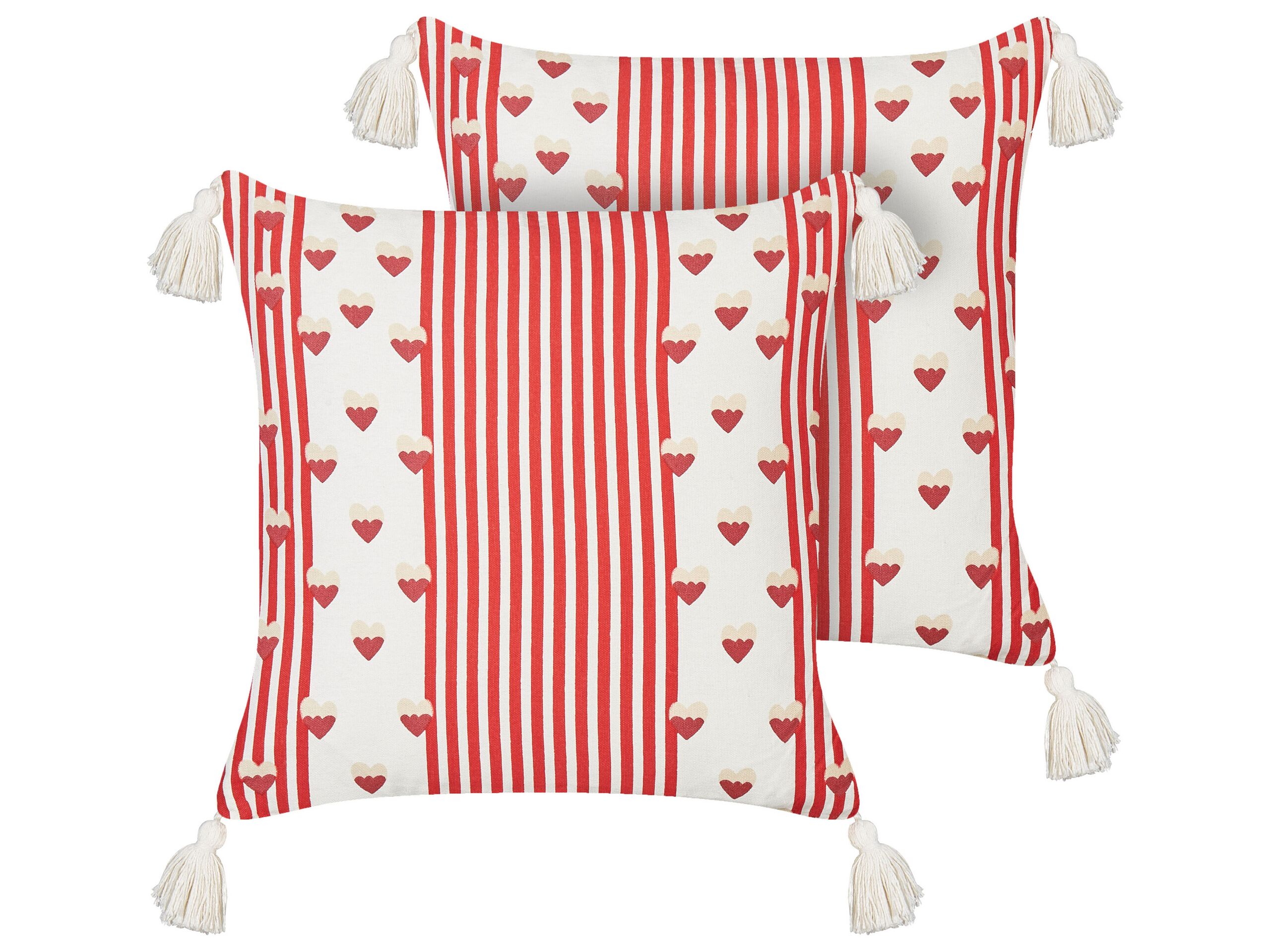 Set of 2 Cotton Cushions Hearts Motif 45x45cm White and Red - Gemini Interiors