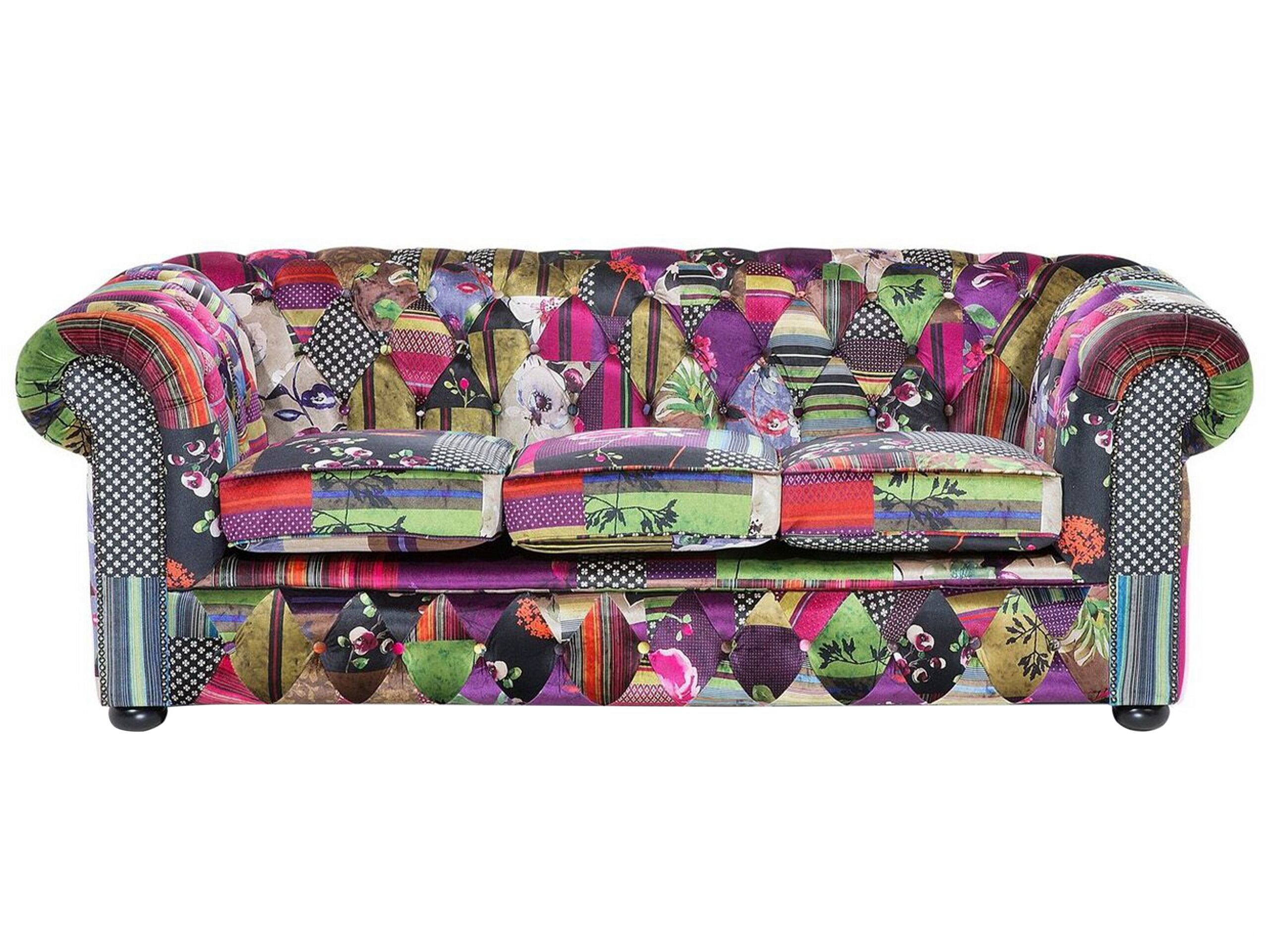 3 Seater Fabric Sofa Patchwork Purple CHESTERFIELD - Gemini Interiors