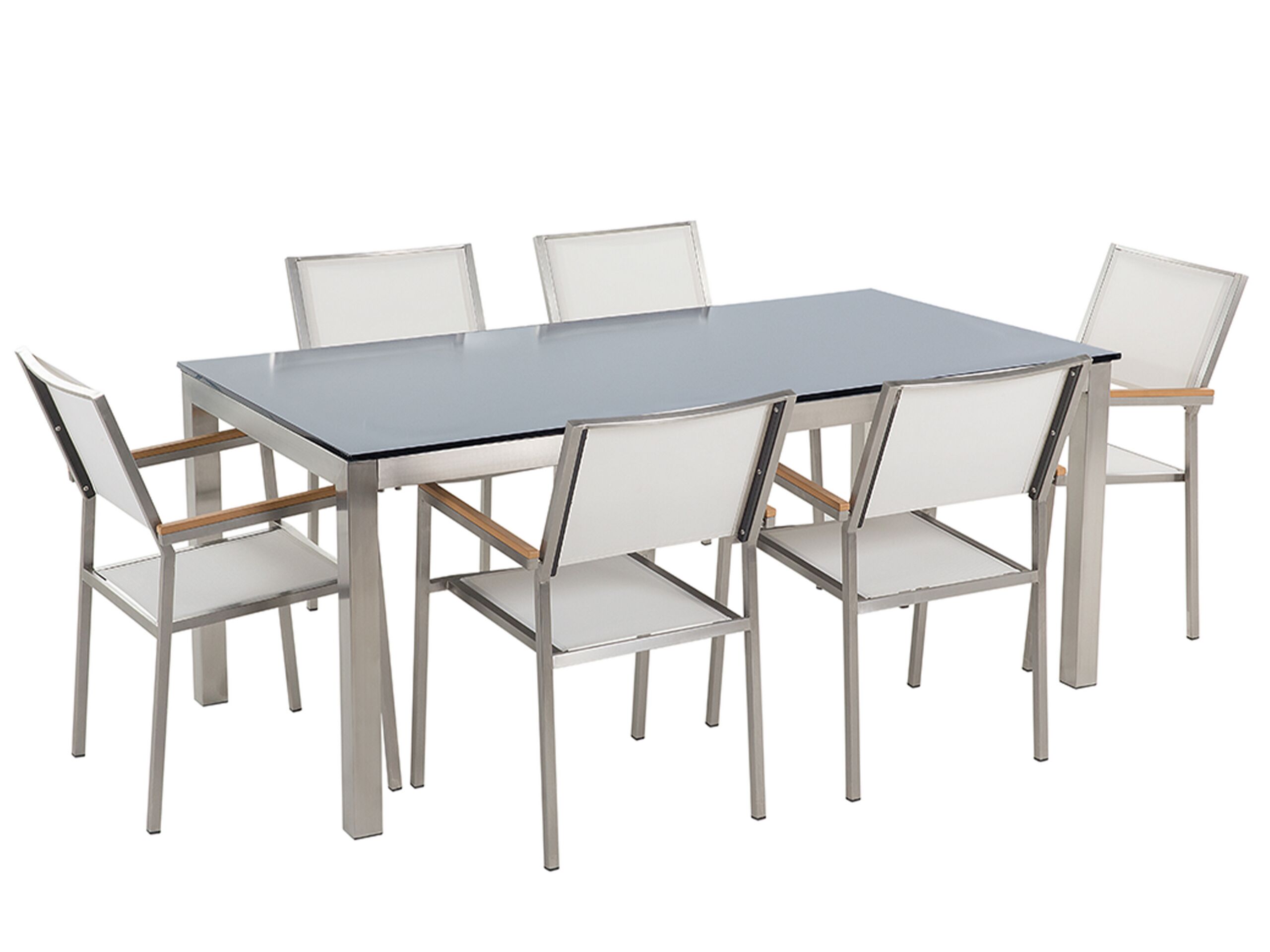 6 Seater Garden Dining Set Black Glass Top with White Chairs GROSSETO - Gemini Interiors