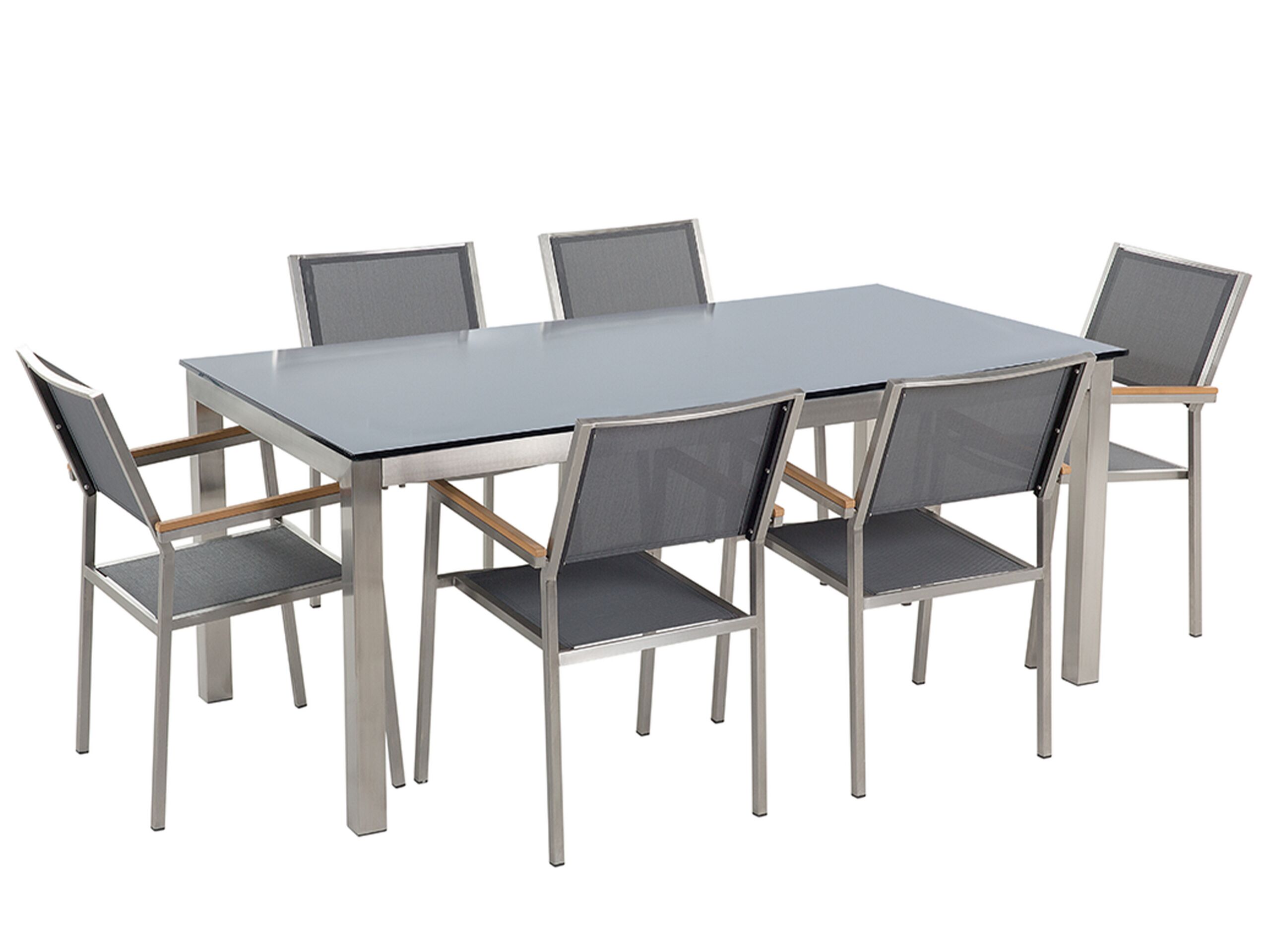 6 Seater Garden Dining Set Black Glass Top with Grey Chairs GROSSETO - Gemini Interiors