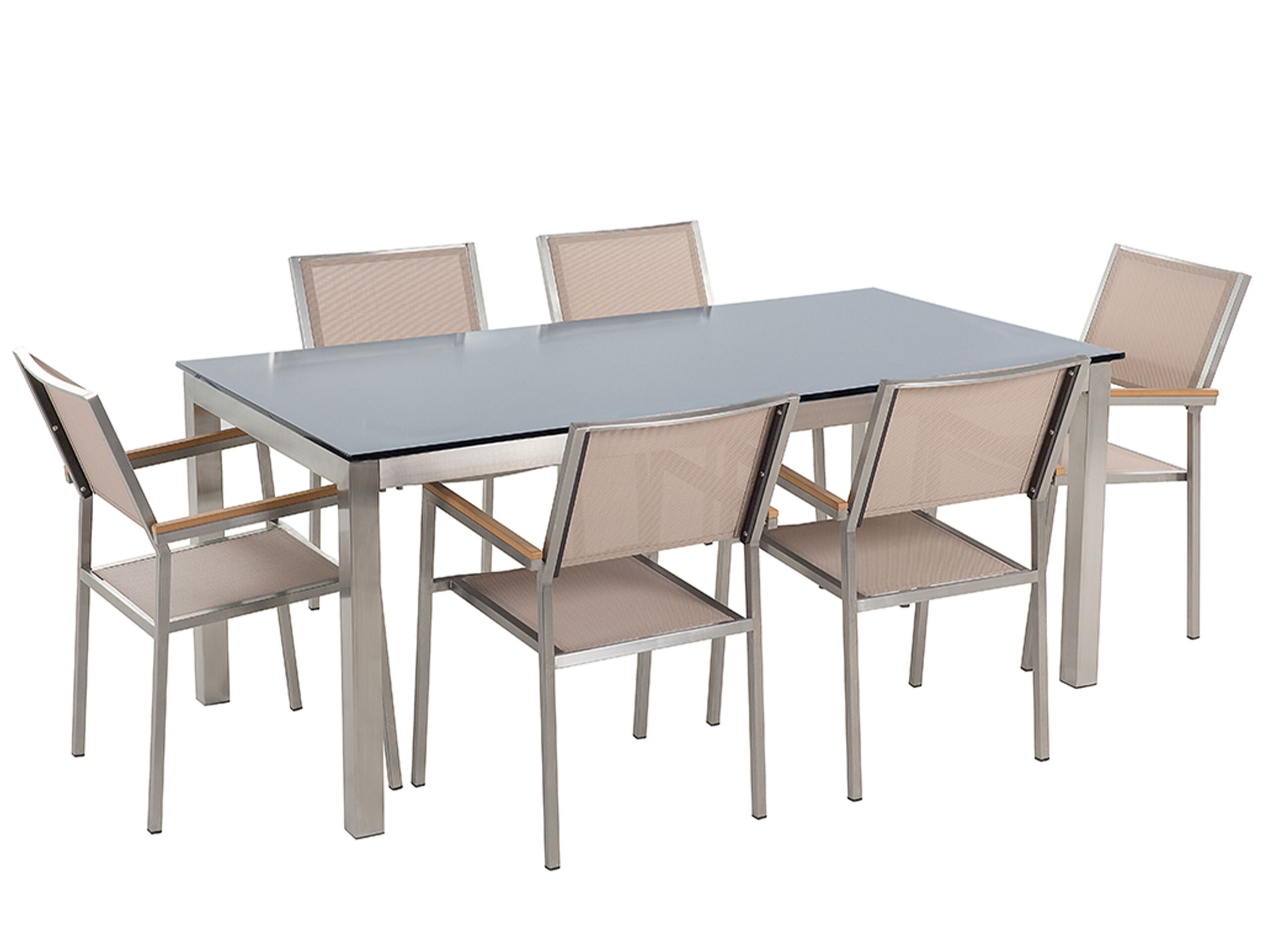 6 Seater Garden Dining Set Black Glass Top with Beige Chairs GROSSETO - Gemini Interiors