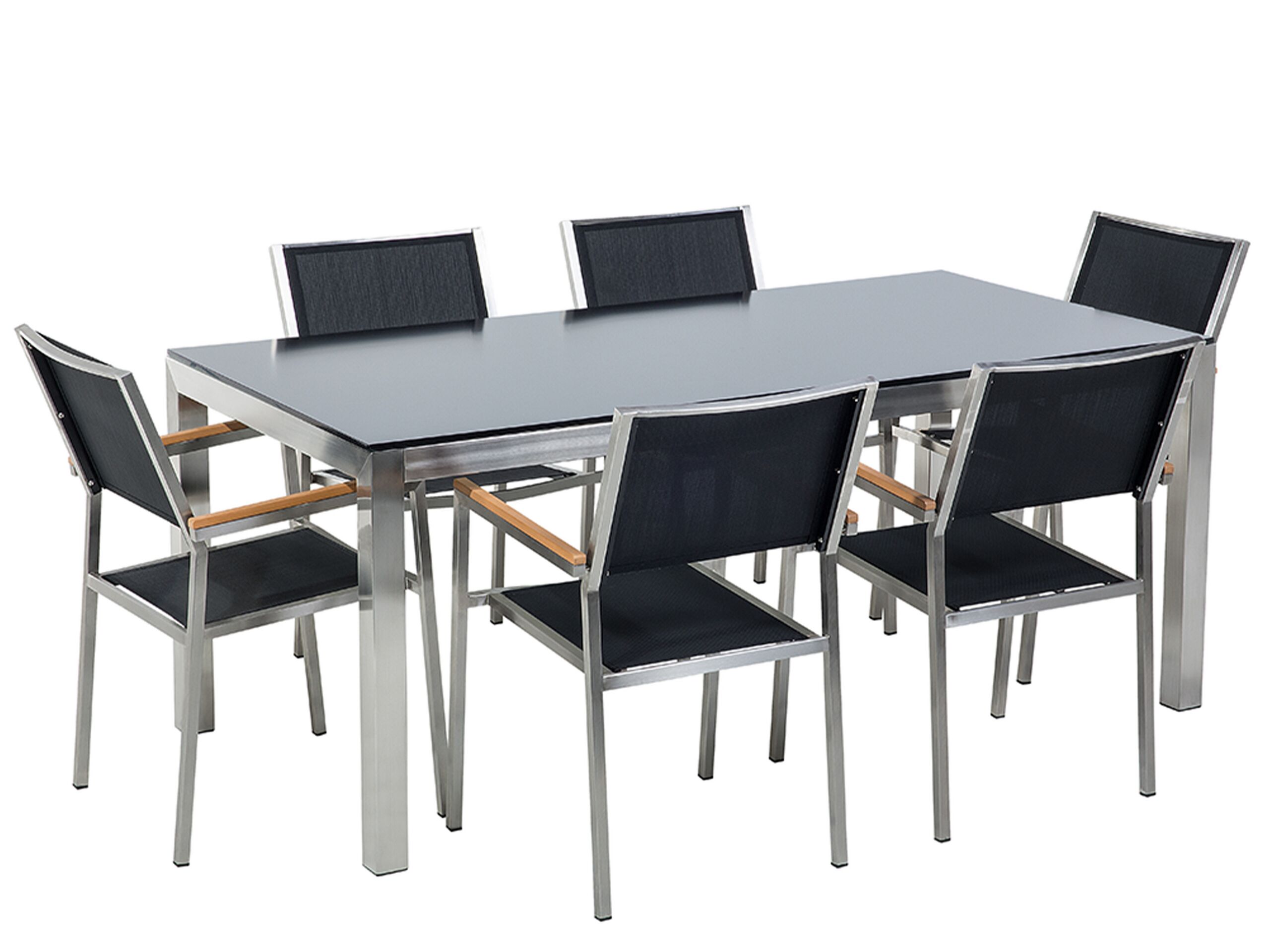 6 Seater Garden Dining Set Black Glass Top with Black Chairs GROSSETO - Gemini Interiors