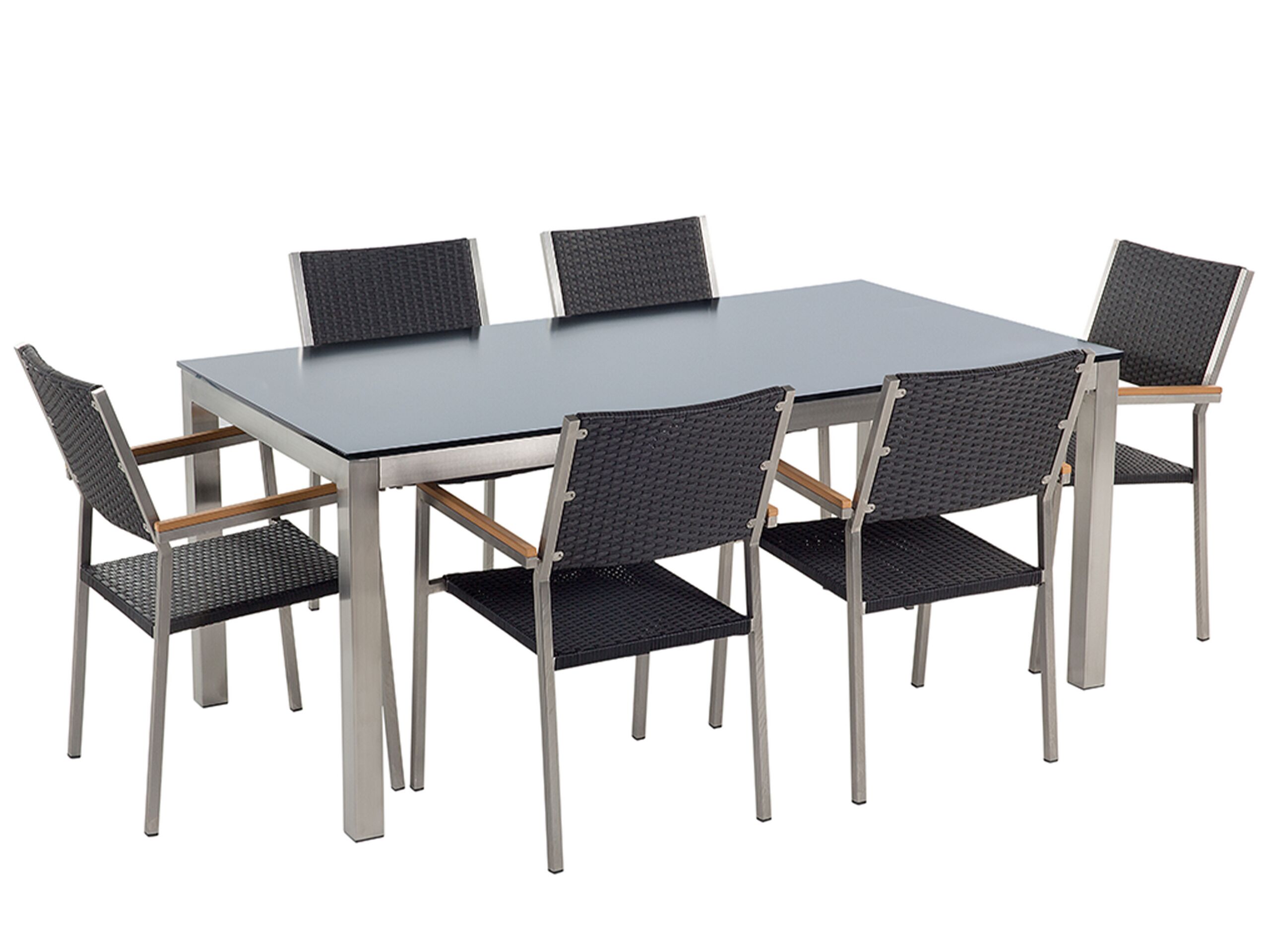 6 Seater Garden Dining Set Black Glass Top with Rattan Chairs GROSSETO - Gemini Interiors