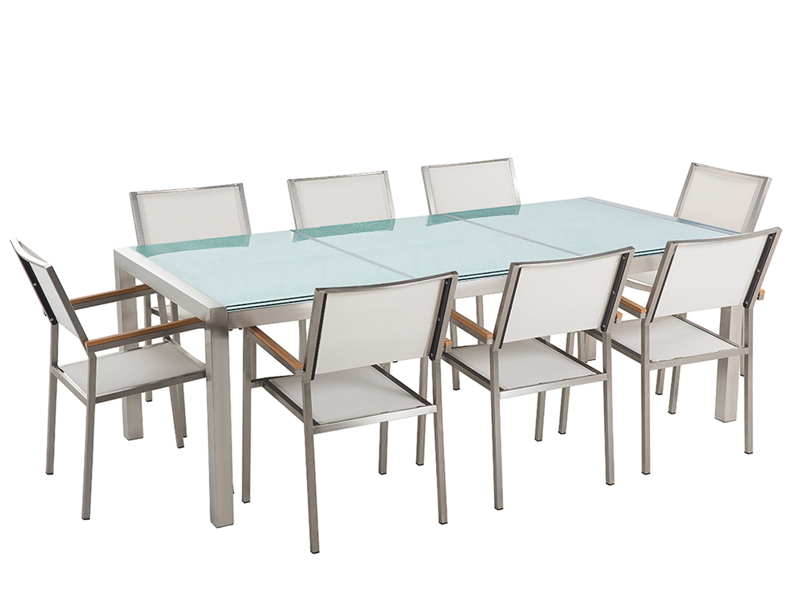 8 Seater Garden Dining Set Cracked Glass Top with White Chairs GROSSETO - Gemini Interiors