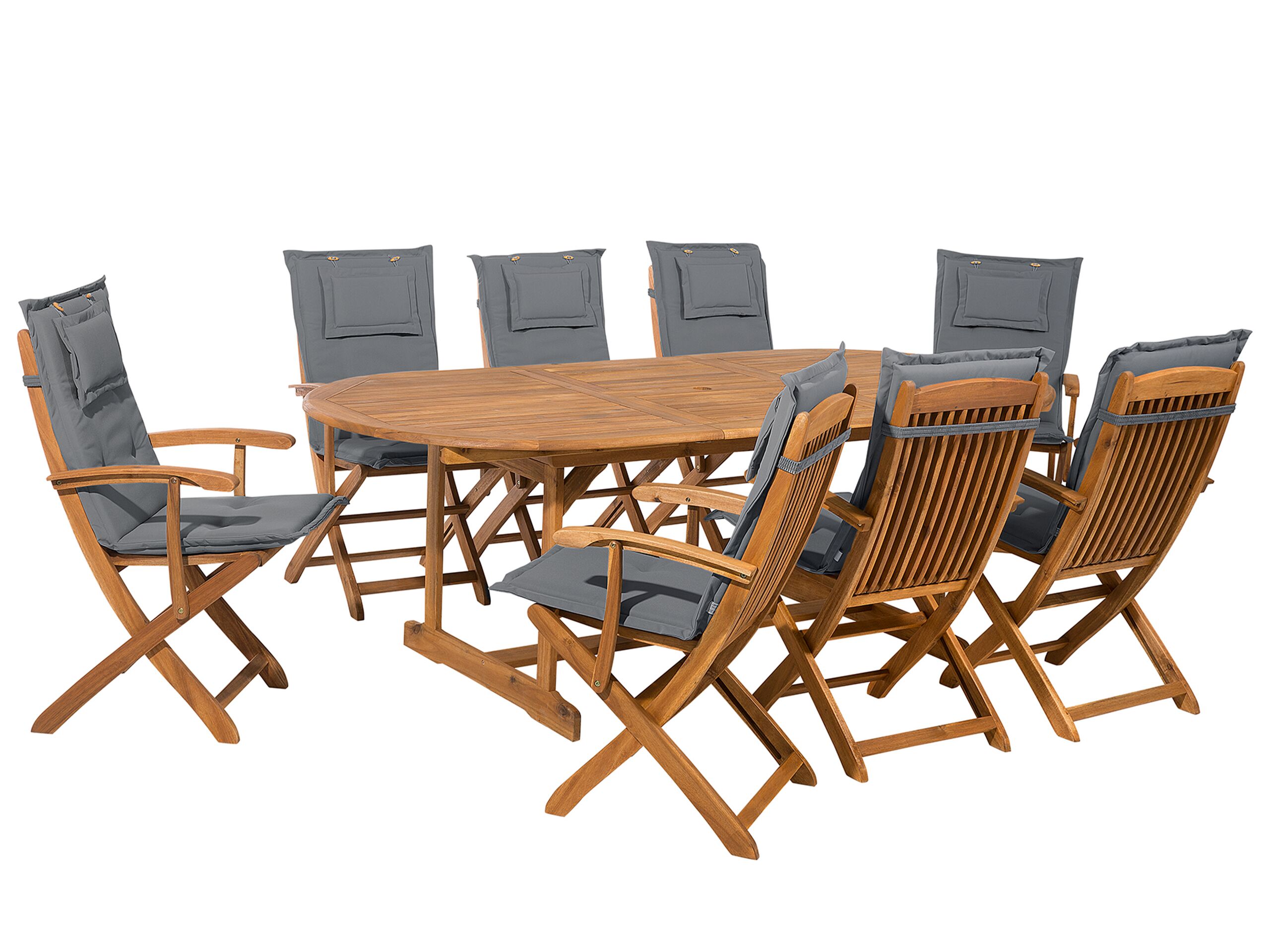 8 Seater Acacia Wood Garden Dining Set Grey Cushions MAUI - Gemini Interiors