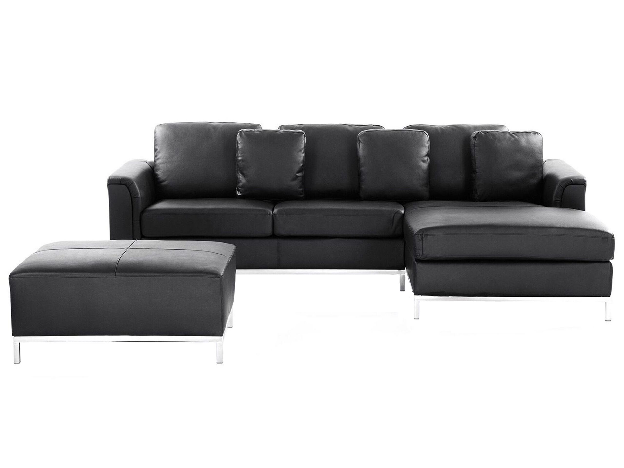 Left Hand Leather Corner Sofa with Ottoman Black OSLO - Gemini Interiors
