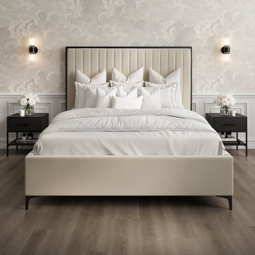 BERLYN Double Fabric Bedframe - Cream - Leeds Plywood