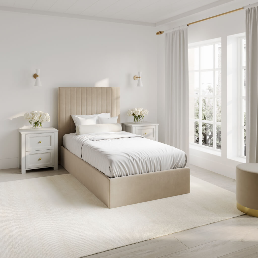 BERLIX II Single Fabric Ottoman Bedframe - Beige - Leeds Plywood