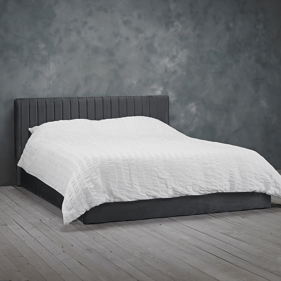 Berlin Silver Velvet Ottoman Bed - Standard Double 4ft6 - Leeds Plywood