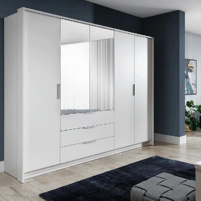 LUCARI 5 Door Mirrored Wardrobe with 3 Drawers White - 255cm - Avellino & Wells