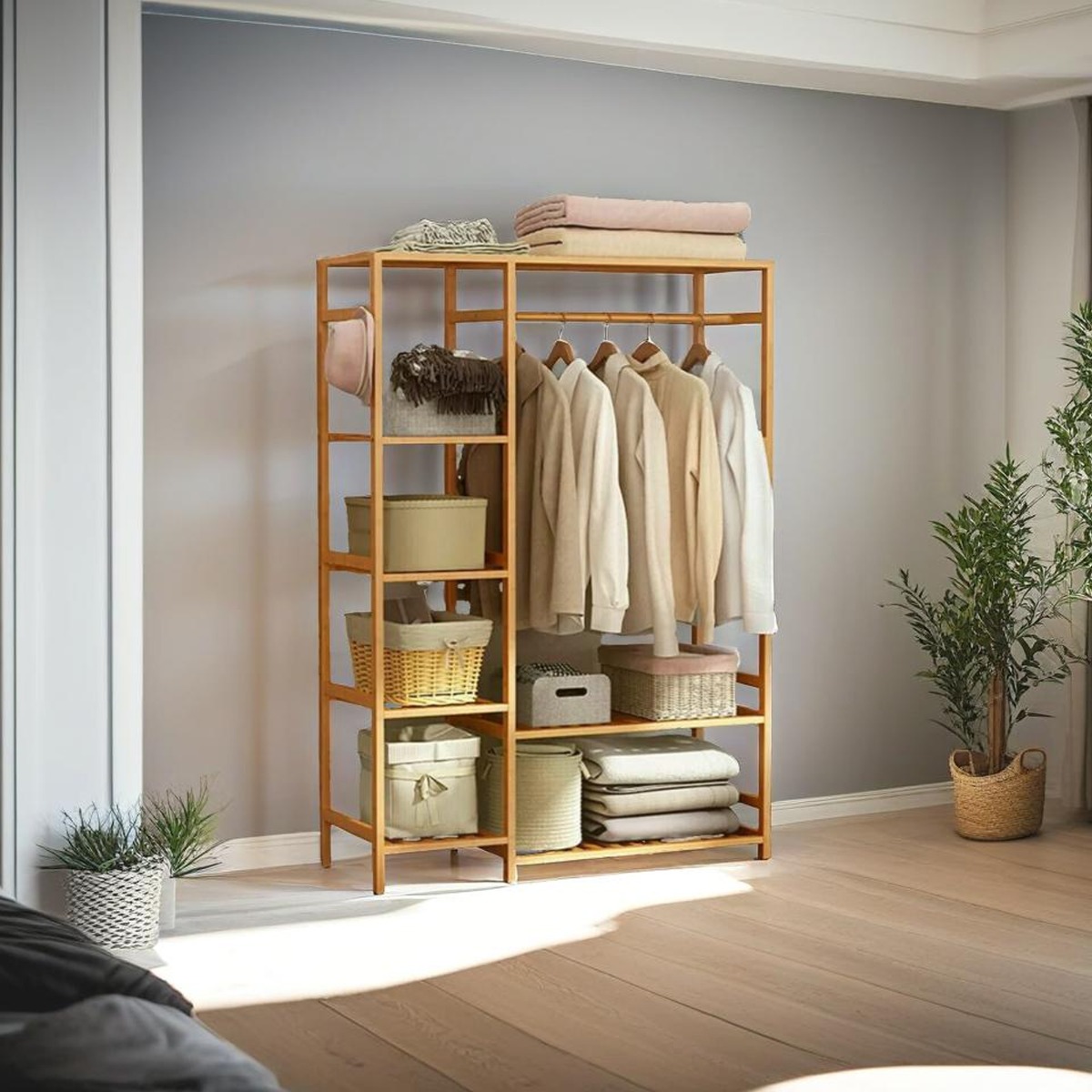 ULVERIS Garment Rack Large Bamboo Clothes Rail with Shelves - Natural - The Urban Forge