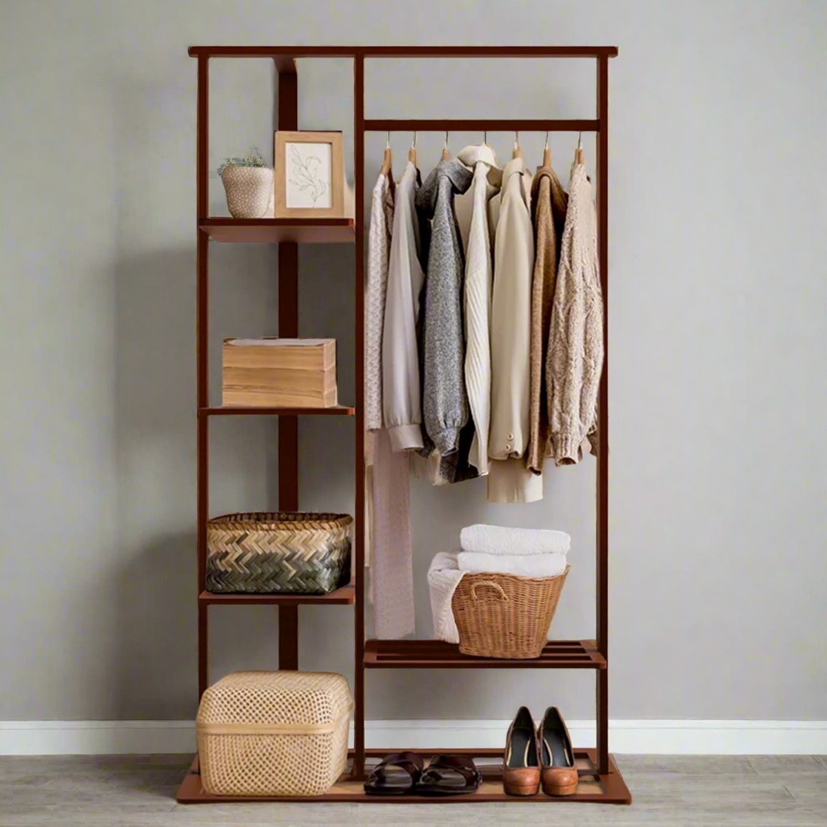 WESTORA Clothes Rack Solid Open Wardrobe Stand with Shelves and Hanging Rail - Natural - The Urban Forge