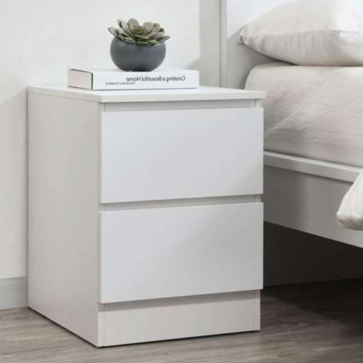 Bedside Table - TROW 2 Drawer Nightstand White 40cm - Birlea Essentials