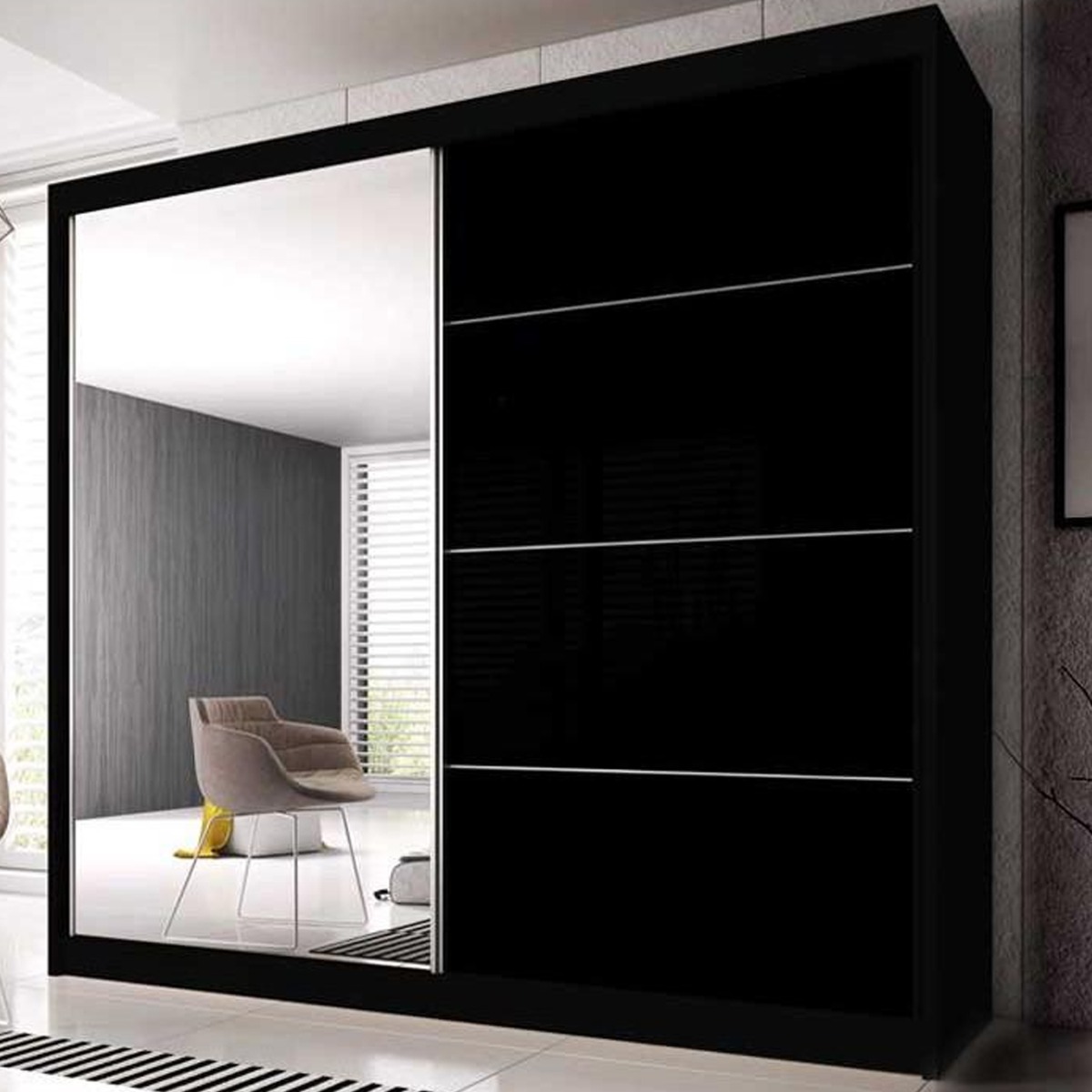 Sliding Wardrobe - MALTA I 2 Door Mirrored Wardrobe Black Matt 183cm - Art Nest
