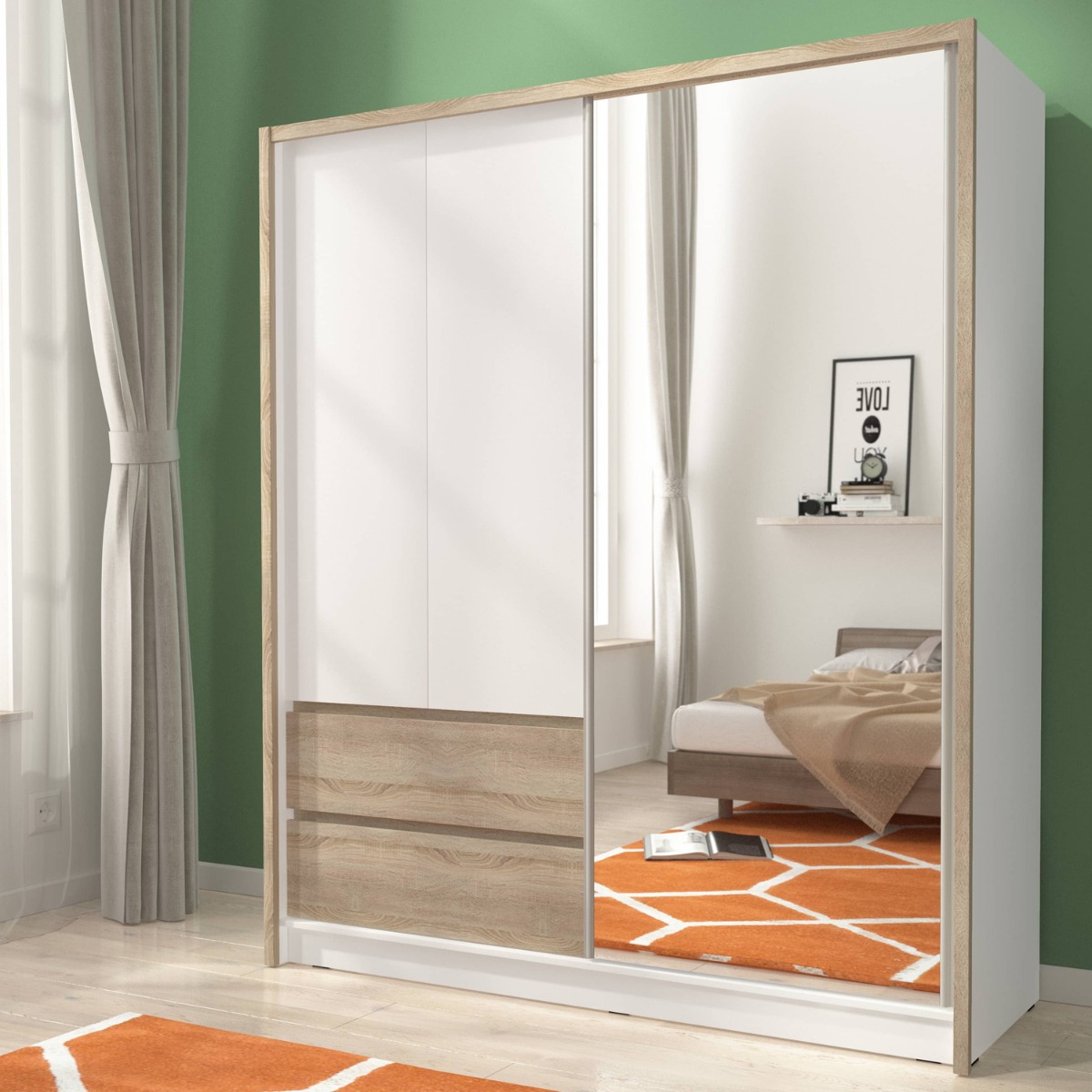 Sliding Wardrobe - SLACK 3 Door Mirrored Wardrobe Oak Sonoma 184cm - Art Nest