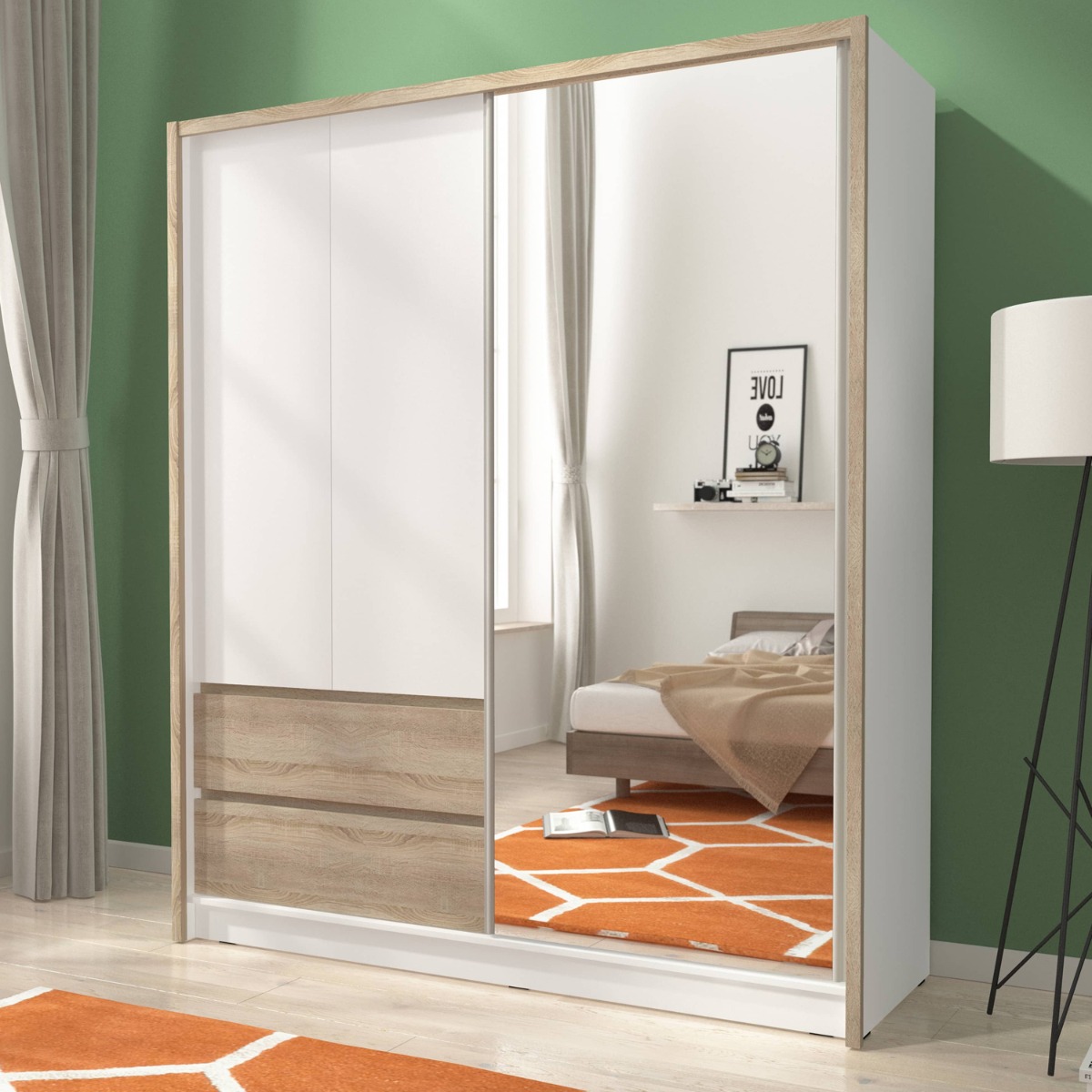 Sliding Wardrobe - SLACK 3 Door Mirrored Wardrobe Oak Artisan 204cm - Art Nest