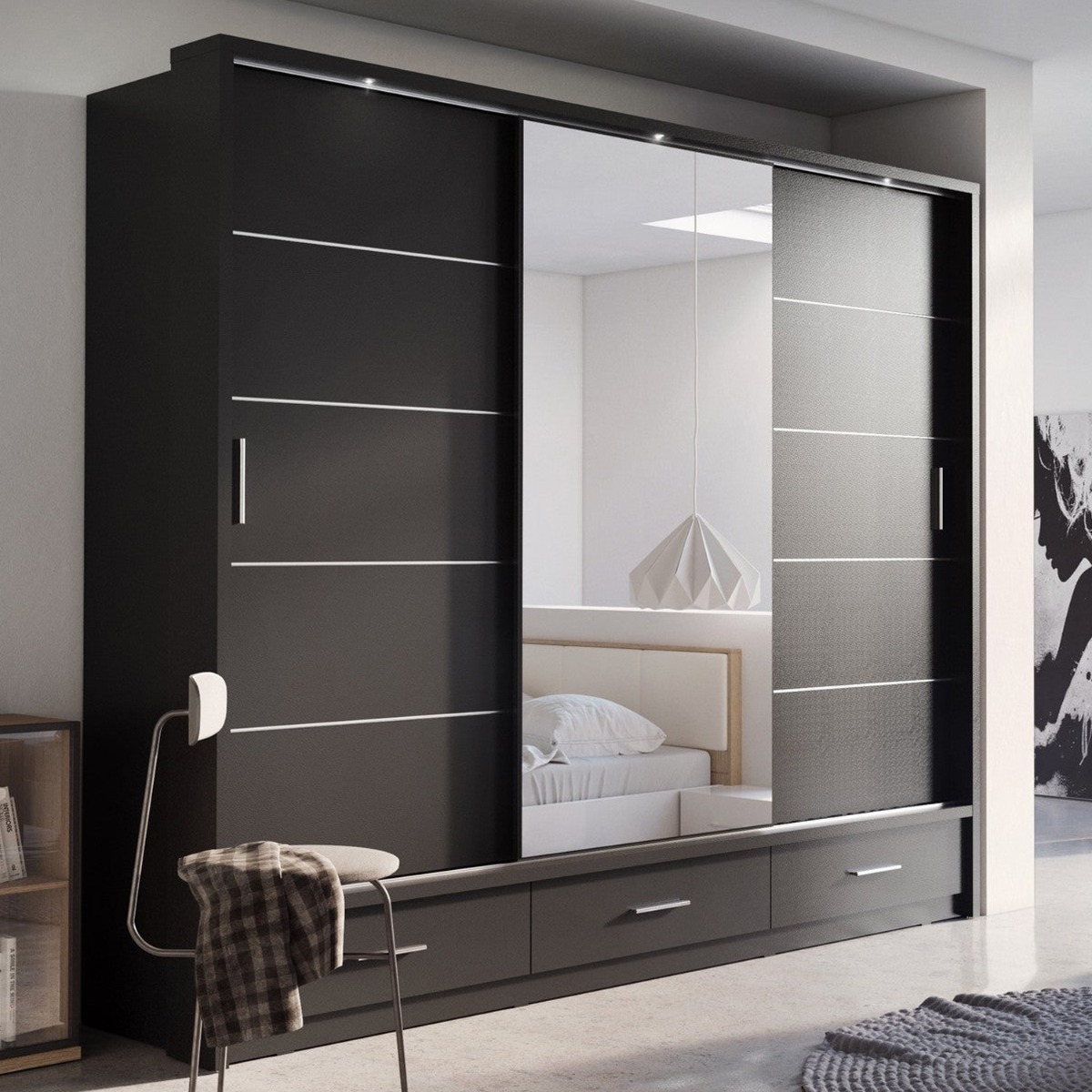 Sliding Wardrobe - IRVINE I 3 Door Mirrored Wardrobe Black Matt 250cm - Art Nest