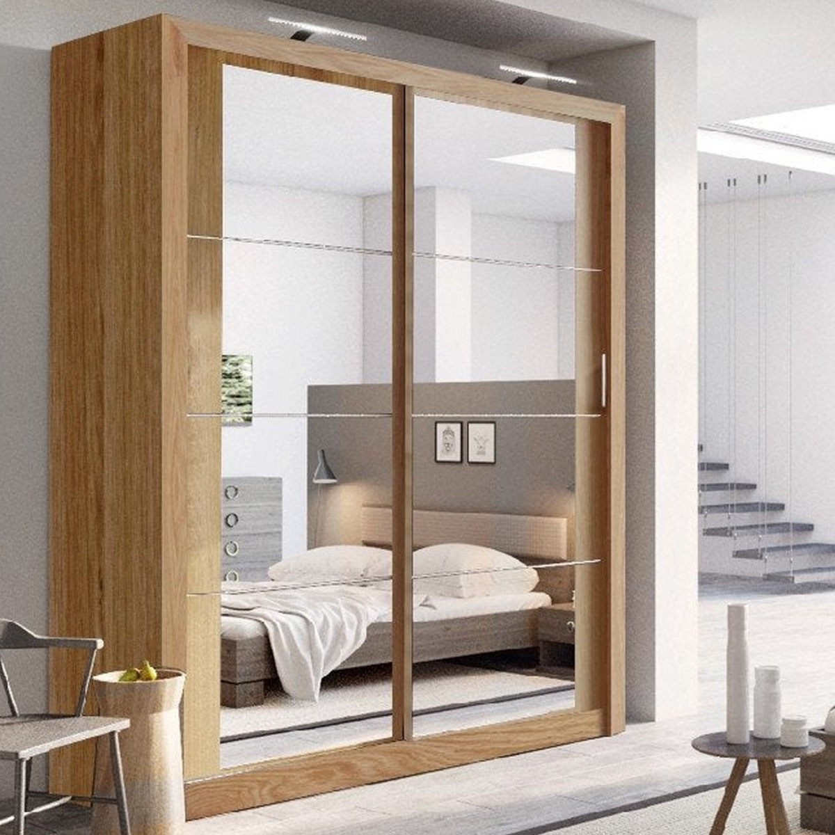 Sliding Wardrobe - IRVINE 2 Door Mirrored Wardrobe Oak 181cm - Art Nest