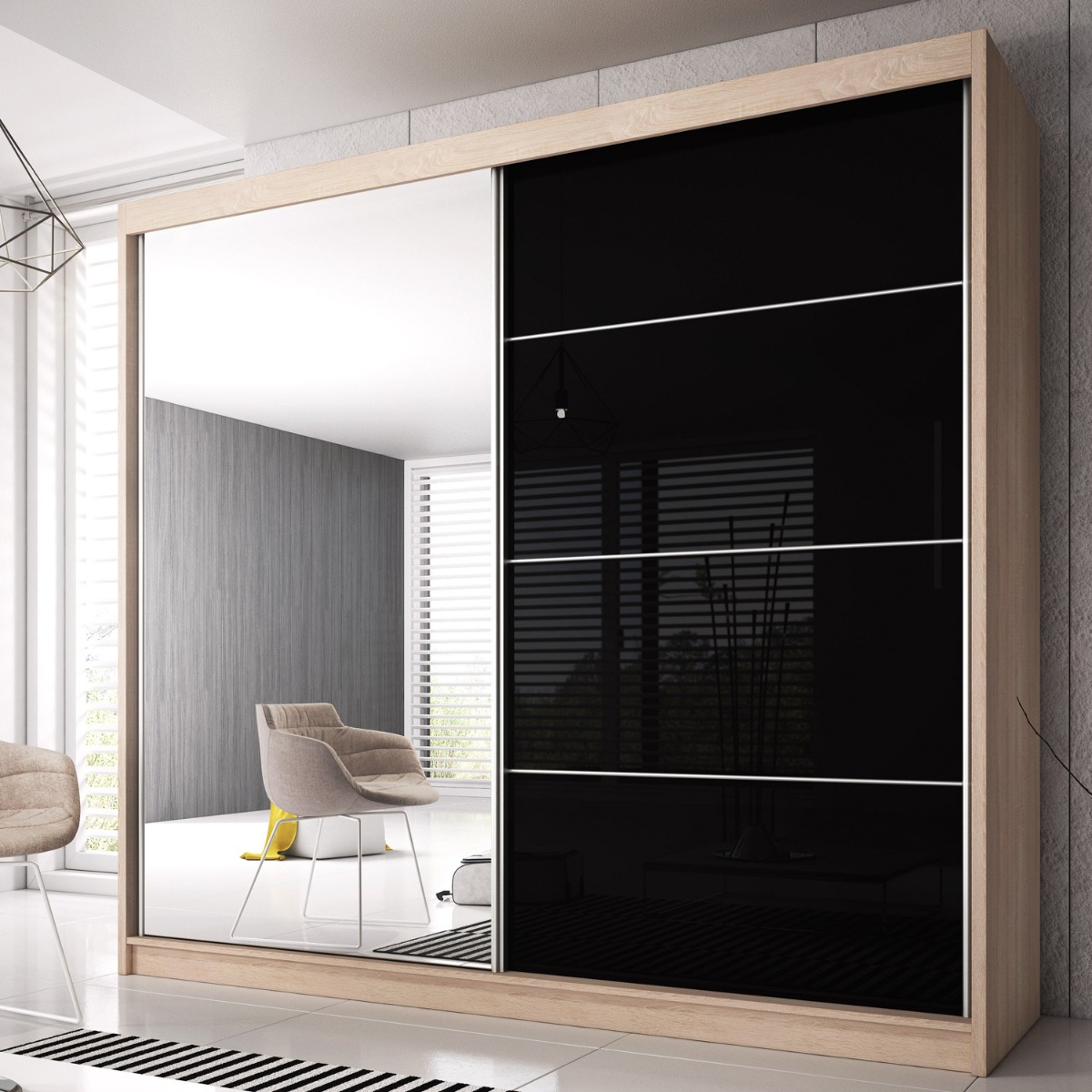 MALTA 2 Door Mirrored Sliding Wardrobe Oak Sanoma and Black - 203cm - Art Nest