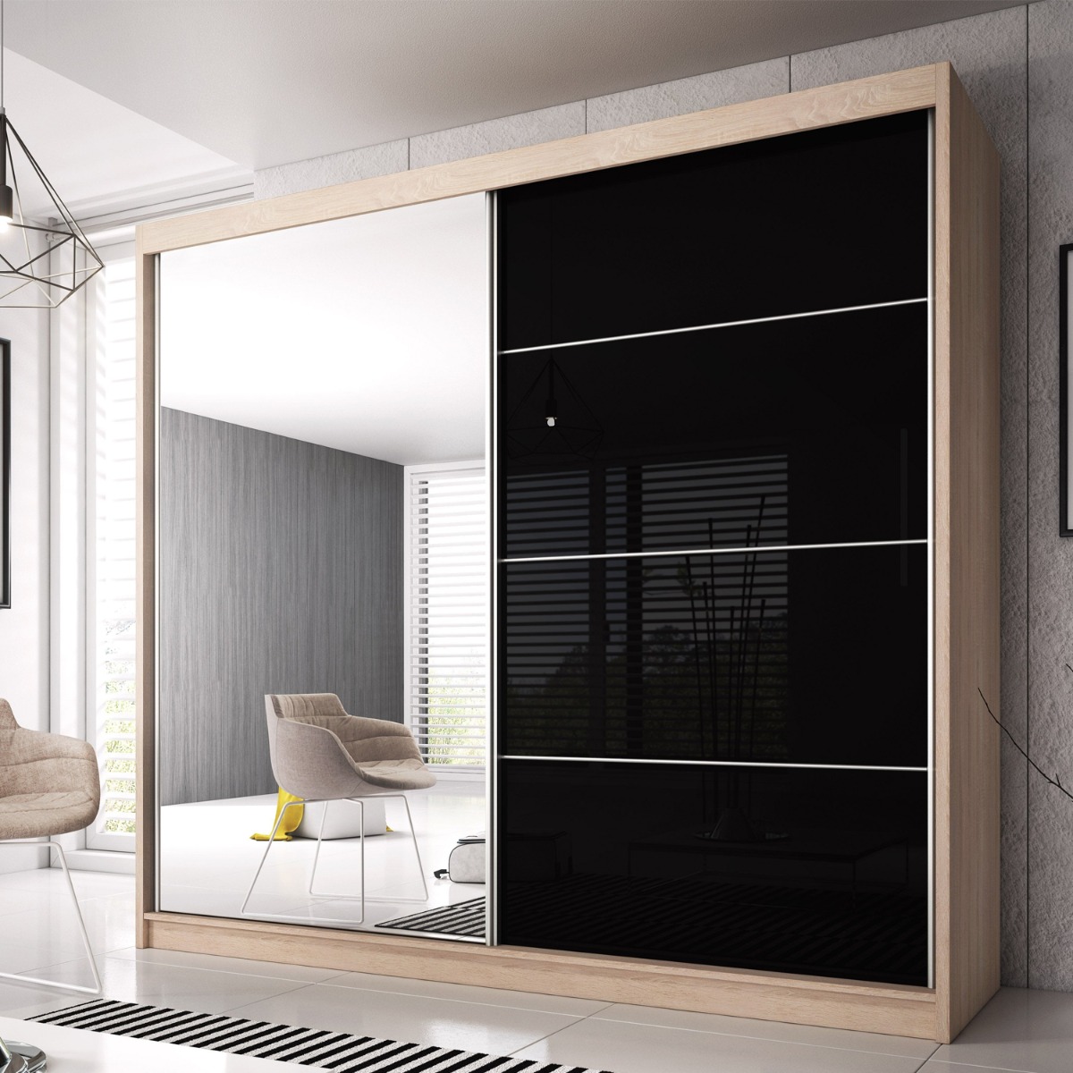 MALTA 2 Door Mirrored Sliding Wardrobe Light Oak - 233cm - Art Nest