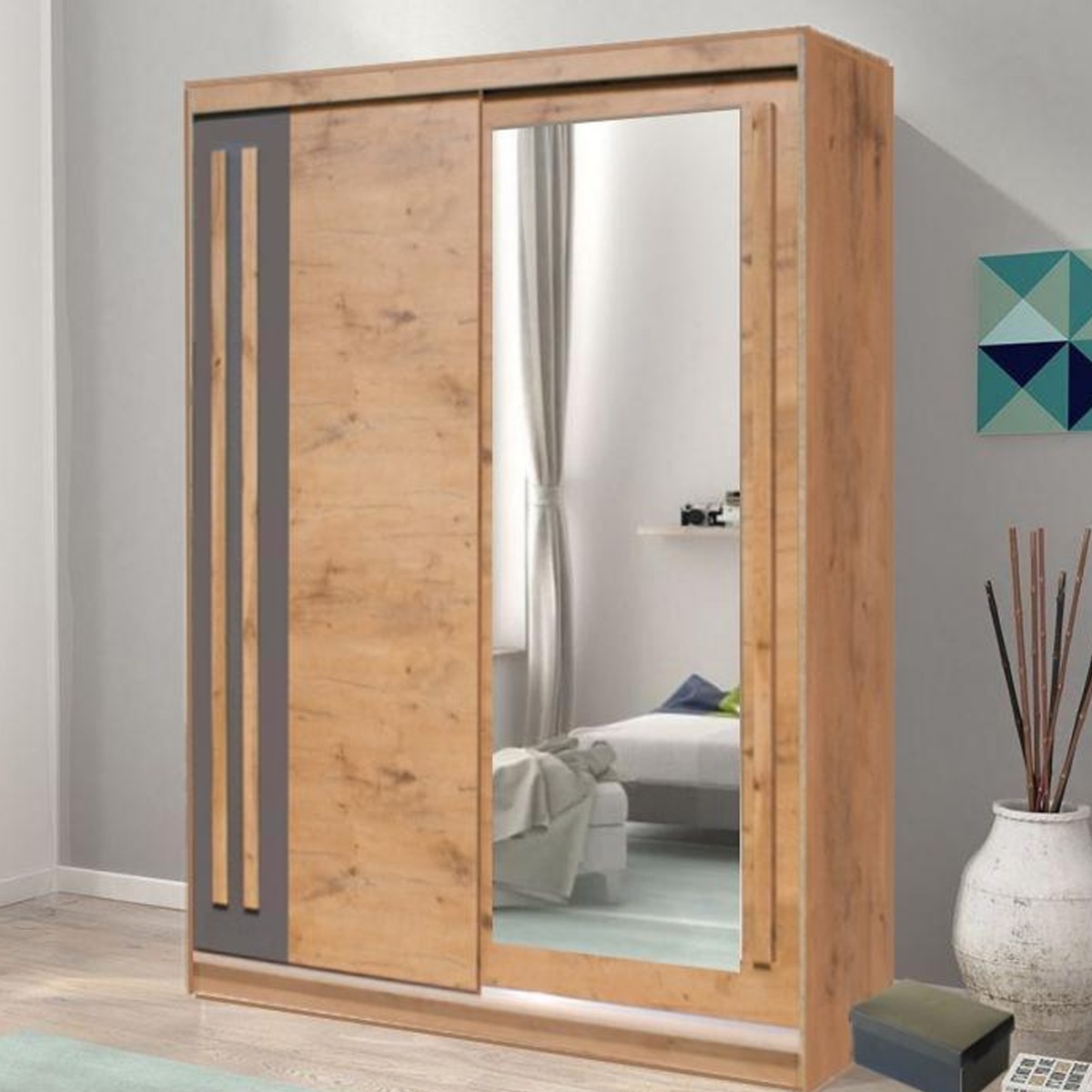 Sliding Wardrobe - ETHRA 2 Door Mirrored Wardrobe Oak Lancelot 150cm - Art Nest