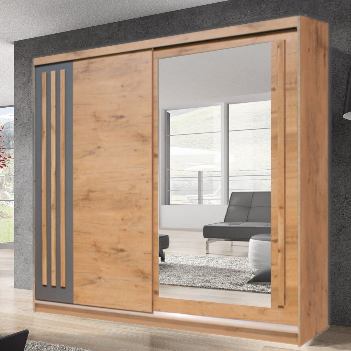 ETHRA 2 Door Mirrored Sliding Wardrobe Oak Lancelot - 200cm - Art Nest