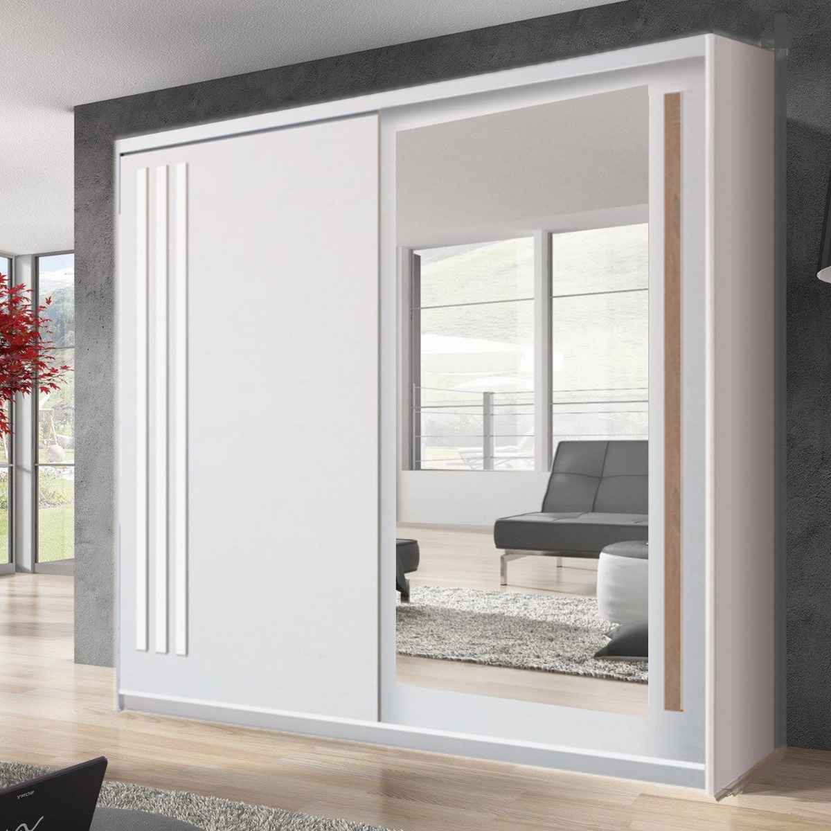 Sliding Wardrobe - ETHRA 2 Door Mirrored Wardrobe White 200cm - Art Nest