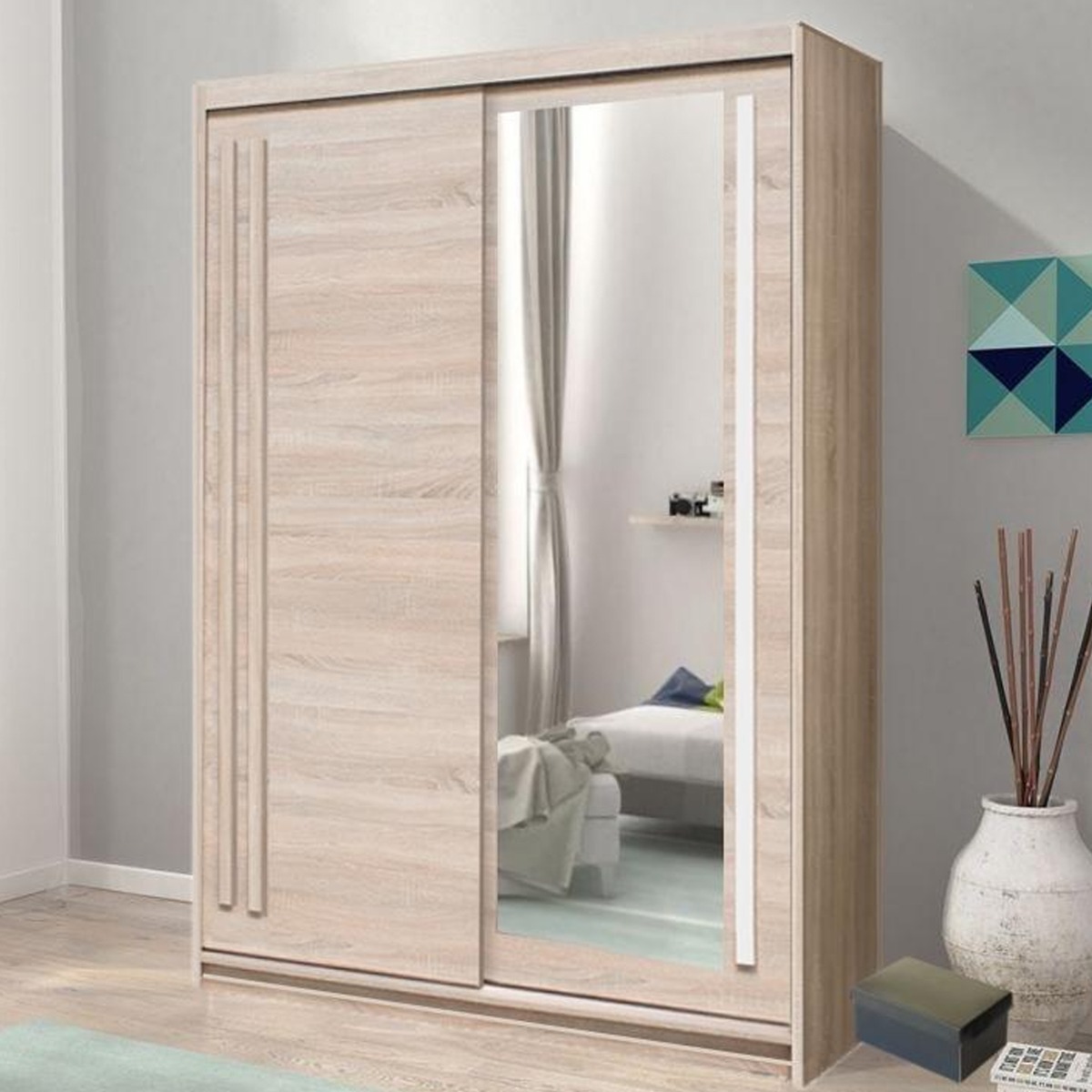 Sliding Wardrobe - ETHRA 2 Door Mirrored Wardrobe Oak Sonoma 150cm - Art Nest