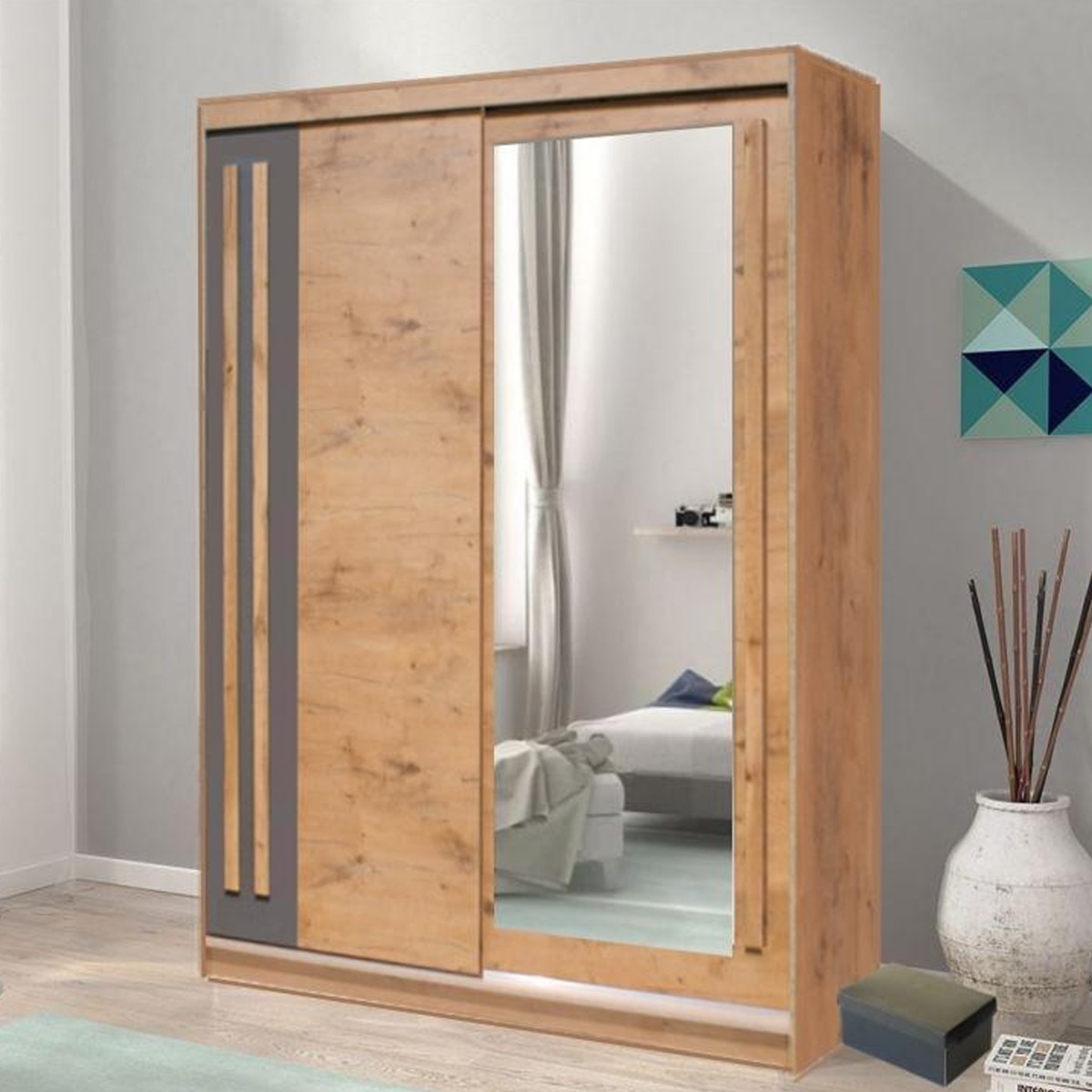 Sliding Wardrobe - ETHRA 2 Door Mirrored Wardrobe Oak Lancelot 175cm - Art Nest