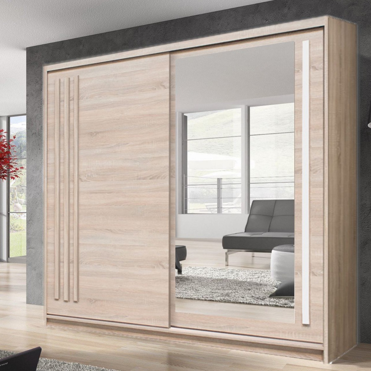 ETHRA 2 Door Mirrored Sliding Wardrobe Light Oak - 200cm - Art Nest